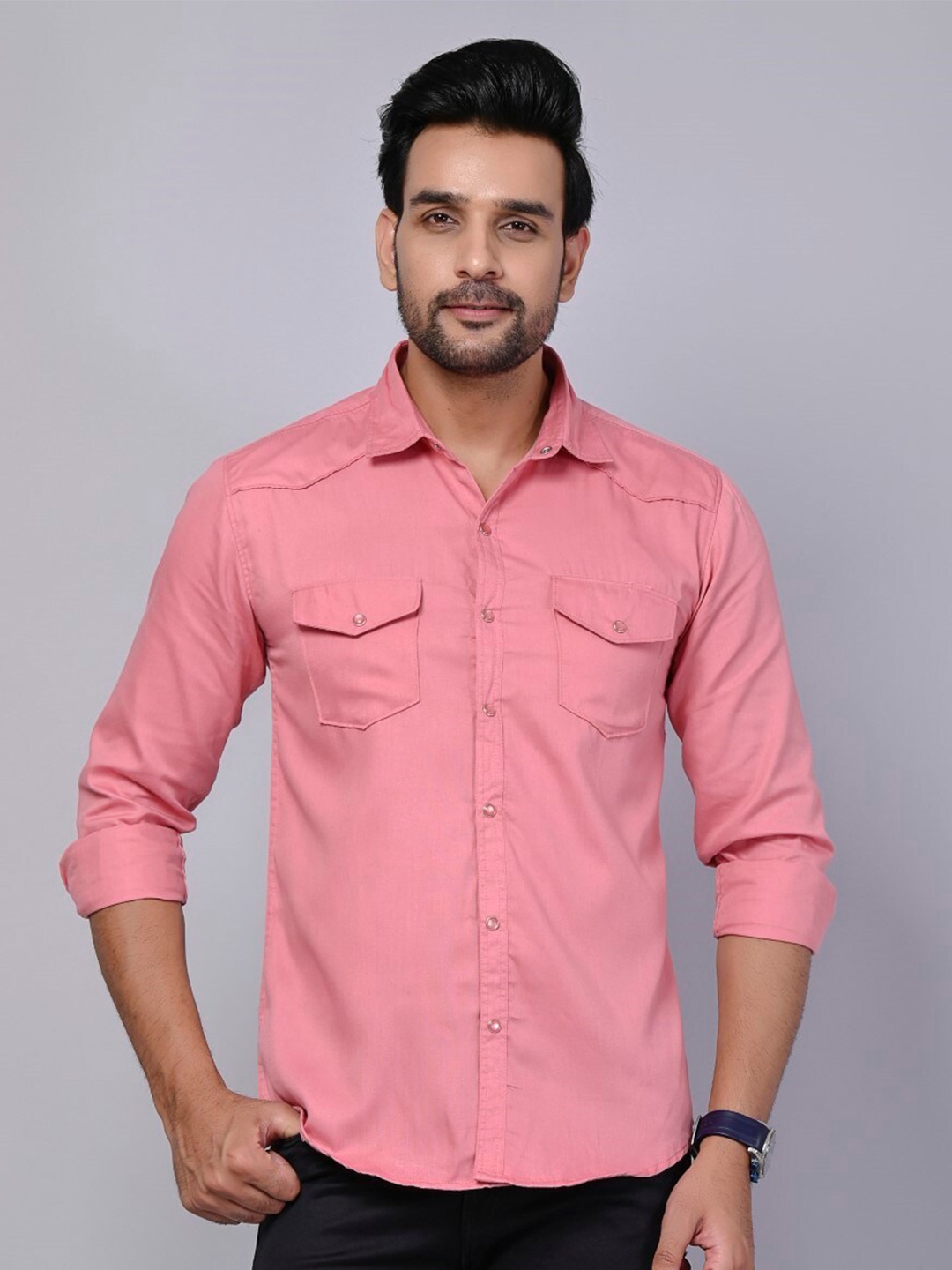 

Riara Modern Spread Collar Long Sleeve Pocket Cotton Casual Shirt, Peach