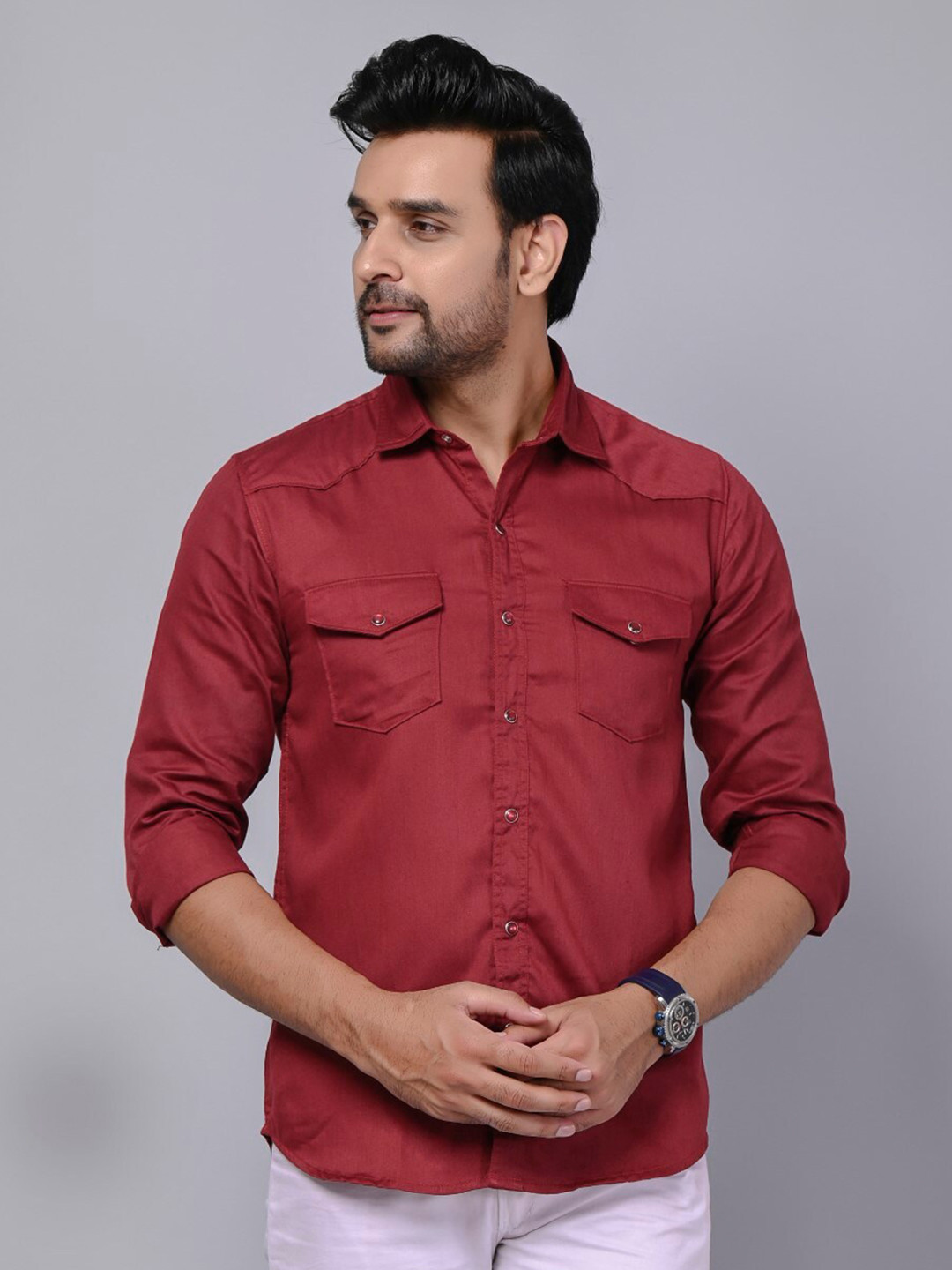 

Riara Modern Spread Collar Long Sleeve Pocket Cotton Casual Shirt, Red