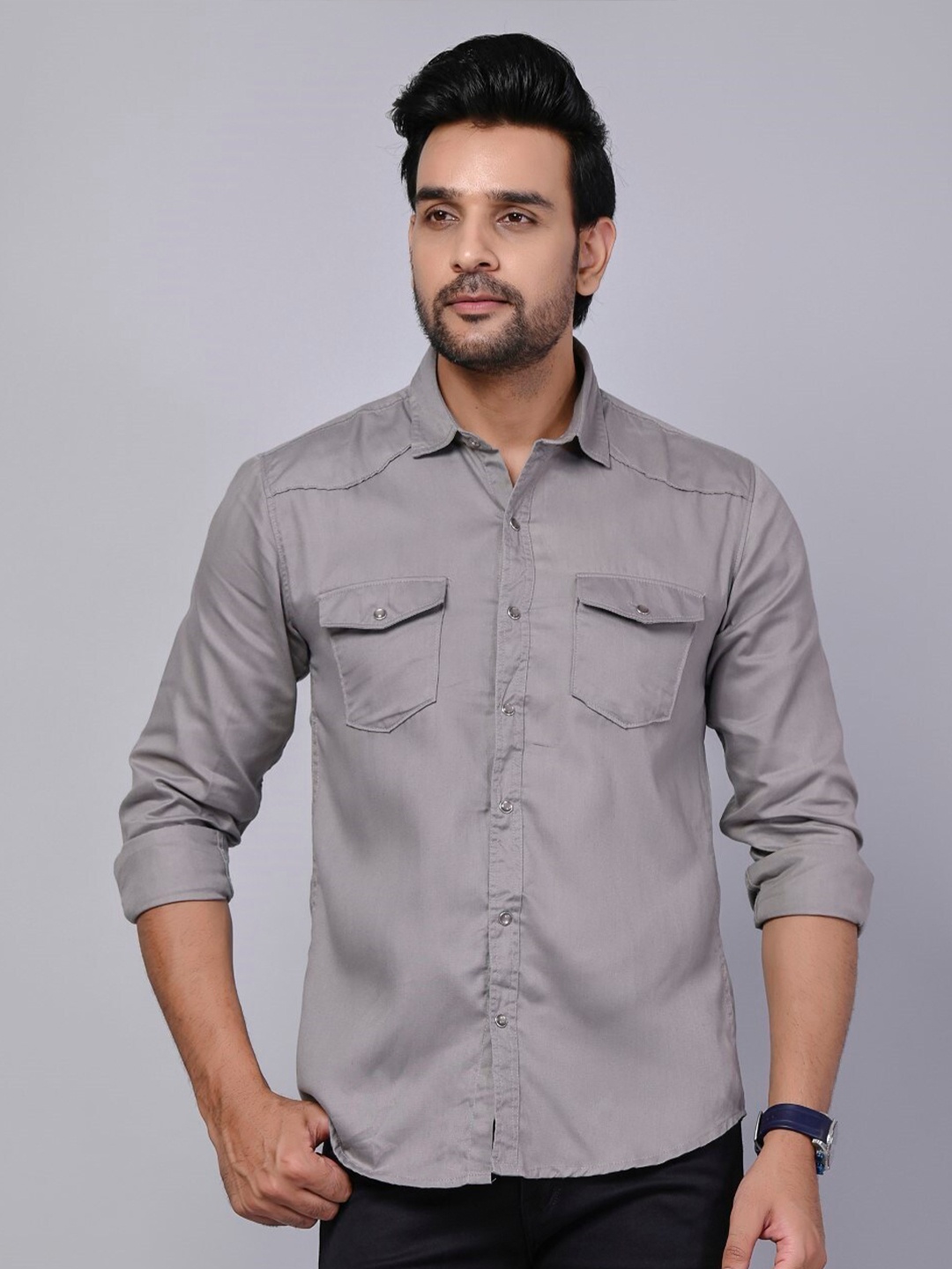 

Riara Modern Spread Collar Long Sleeve Pocket Cotton Casual Shirt, Grey