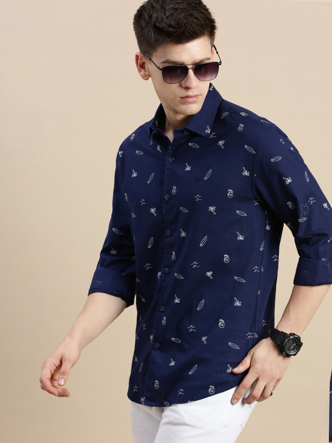 

SHOWOFF Conversational Printed Standard Slim Fit Opaque Cotton Casual Shirt, Navy blue