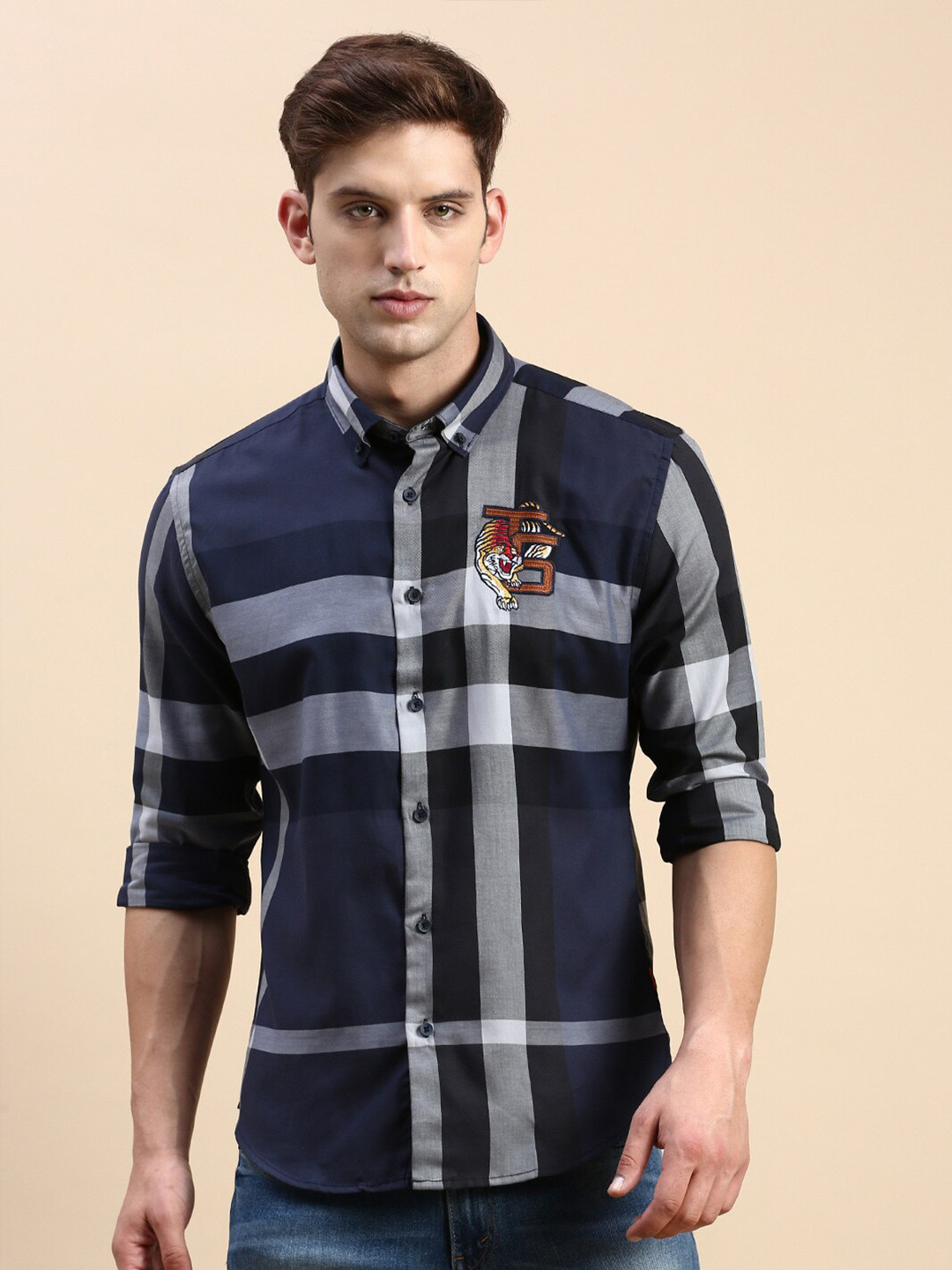 

SHOWOFF Premium Slim Fit Geometric Printed Cotton Casual Shirt, Navy blue