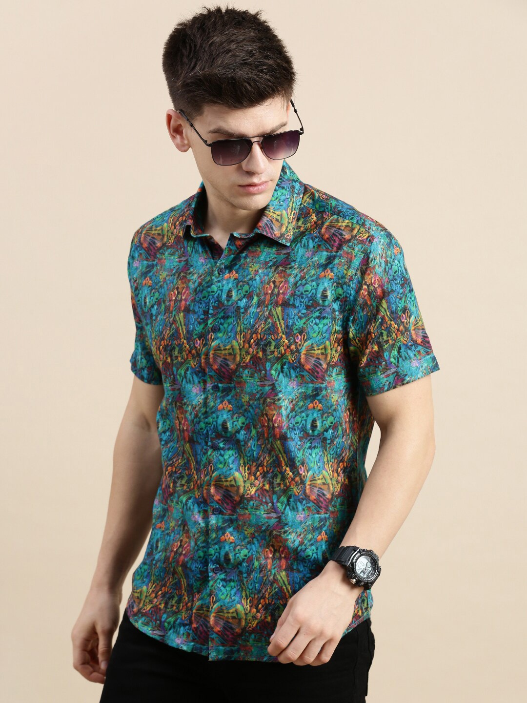 

SHOWOFF Comfort Slim Fit Abstract Printed Satin Casual Shirt, Blue