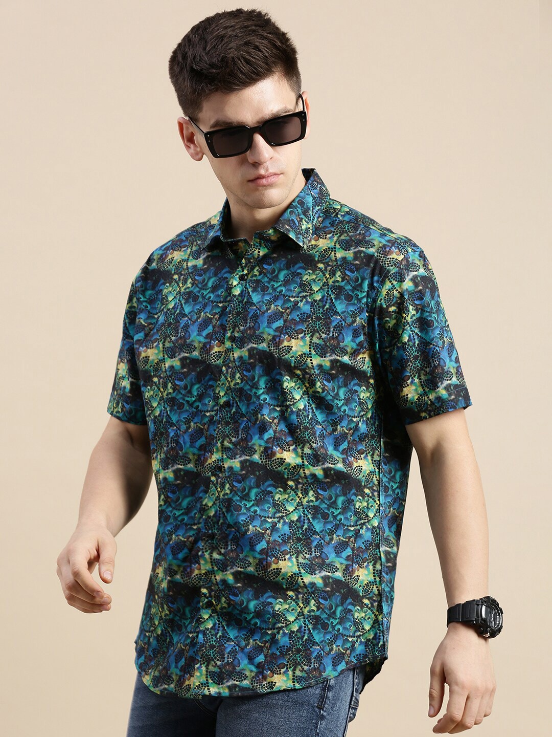 

SHOWOFF Comfort Slim Fit Floral Printed Spread Collar Satin Casual Shirt, Blue