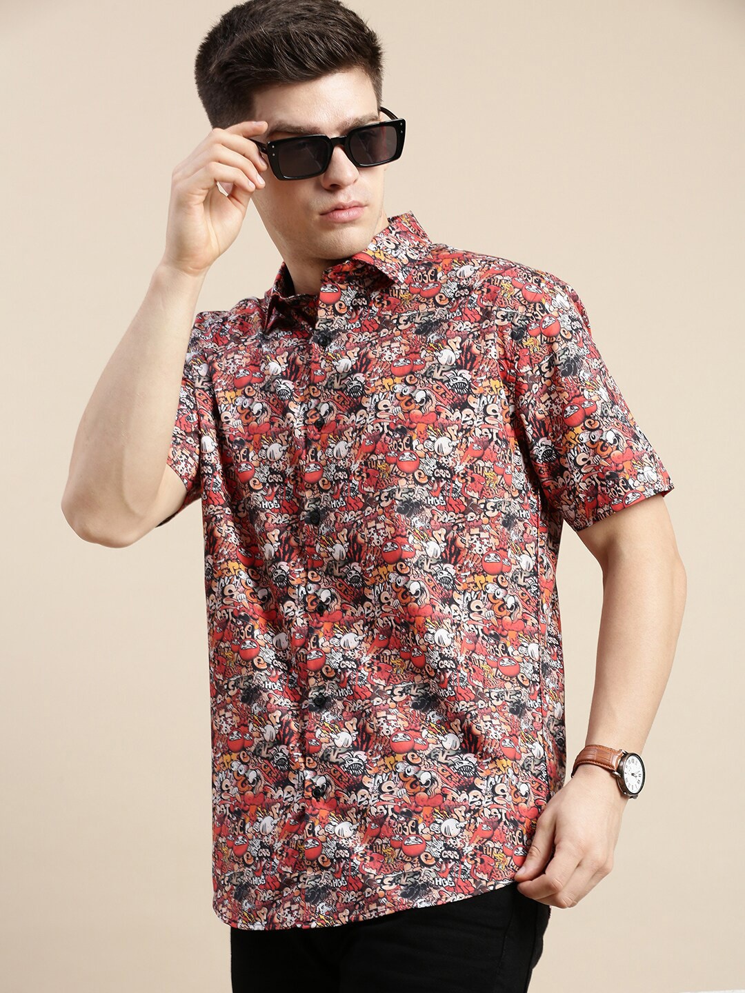 

SHOWOFF Conversational Printed Comfort Slim Fit Satin Casual Shirt, Peach