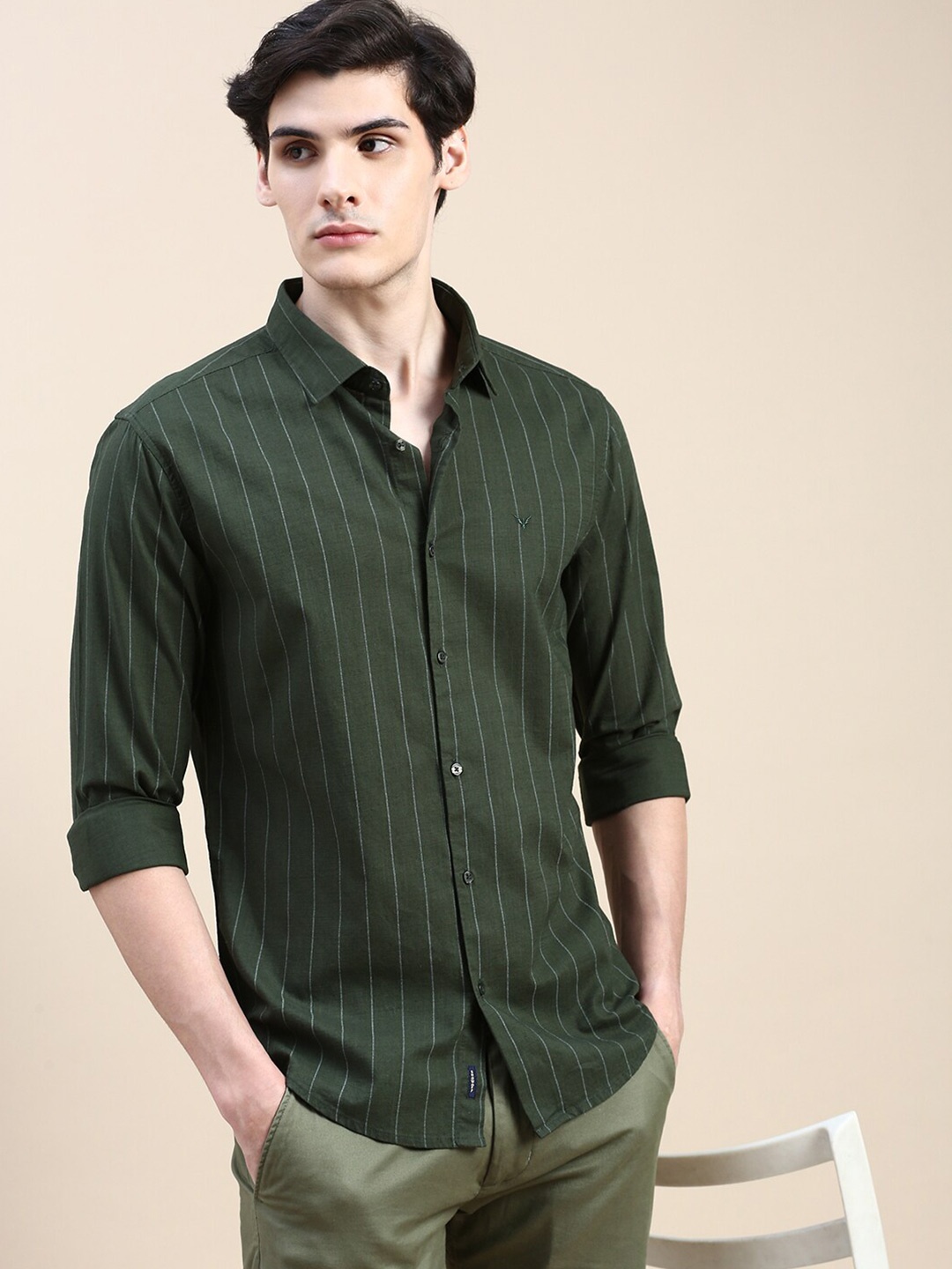 

SHOWOFF Standard Slim Fit Striped Cotton Casual Shirt, Olive