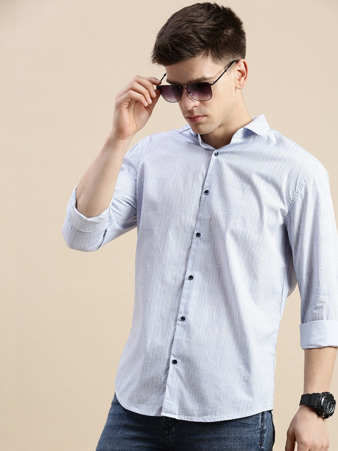 

SHOWOFF Premium Slim Fit Geometric Printed Cotton Casual Shirt, Blue