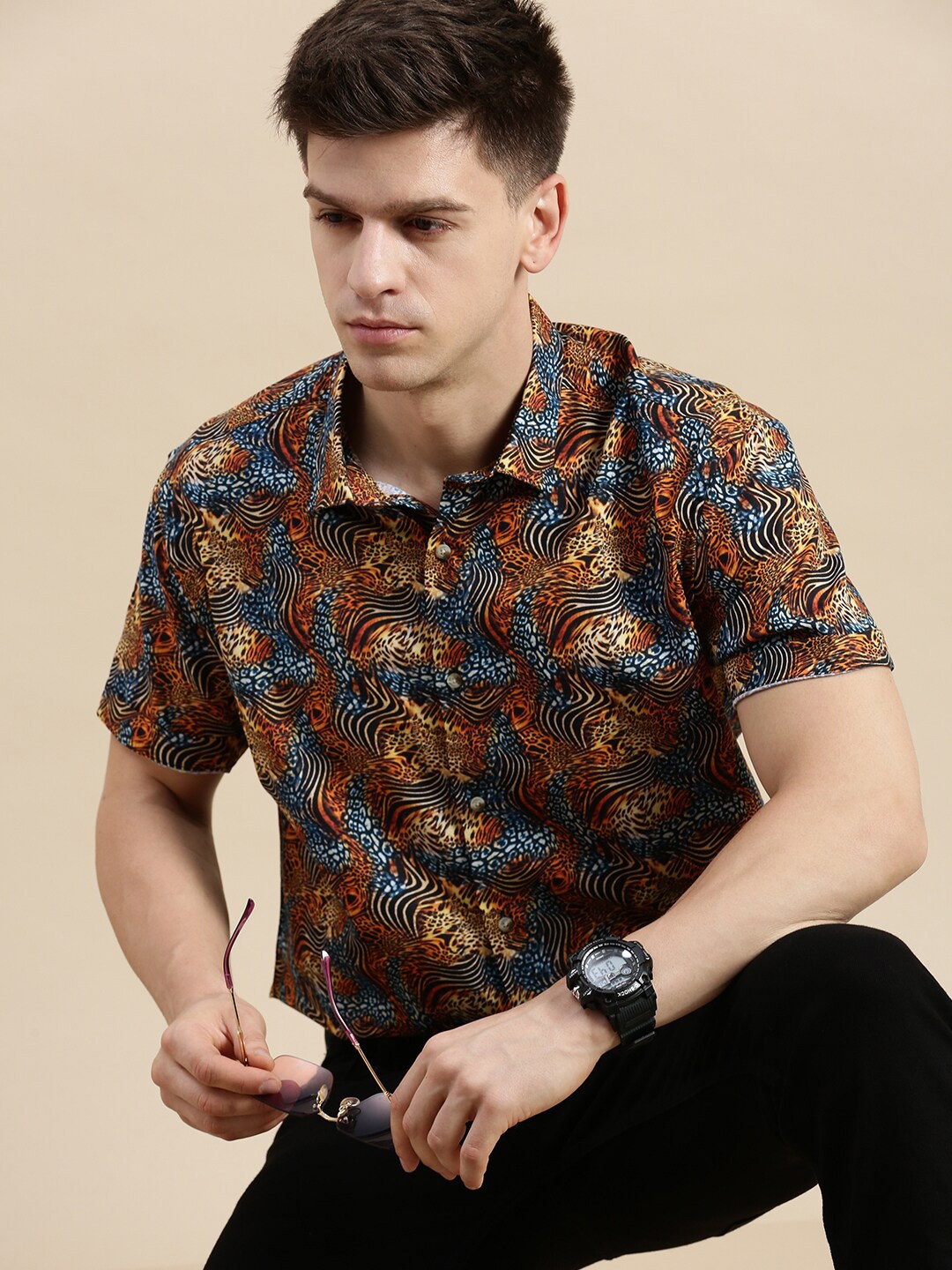 

SHOWOFF Comfort Slim Fit Animal Printed Satin Casual Shirt, Orange