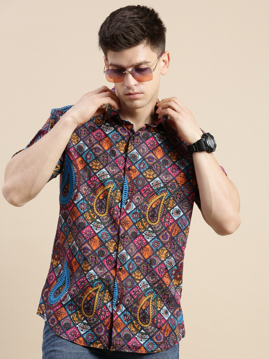 

SHOWOFF Comfort Ethnic Motifs Printed Slim Fit Satin Casual Shirt, Red