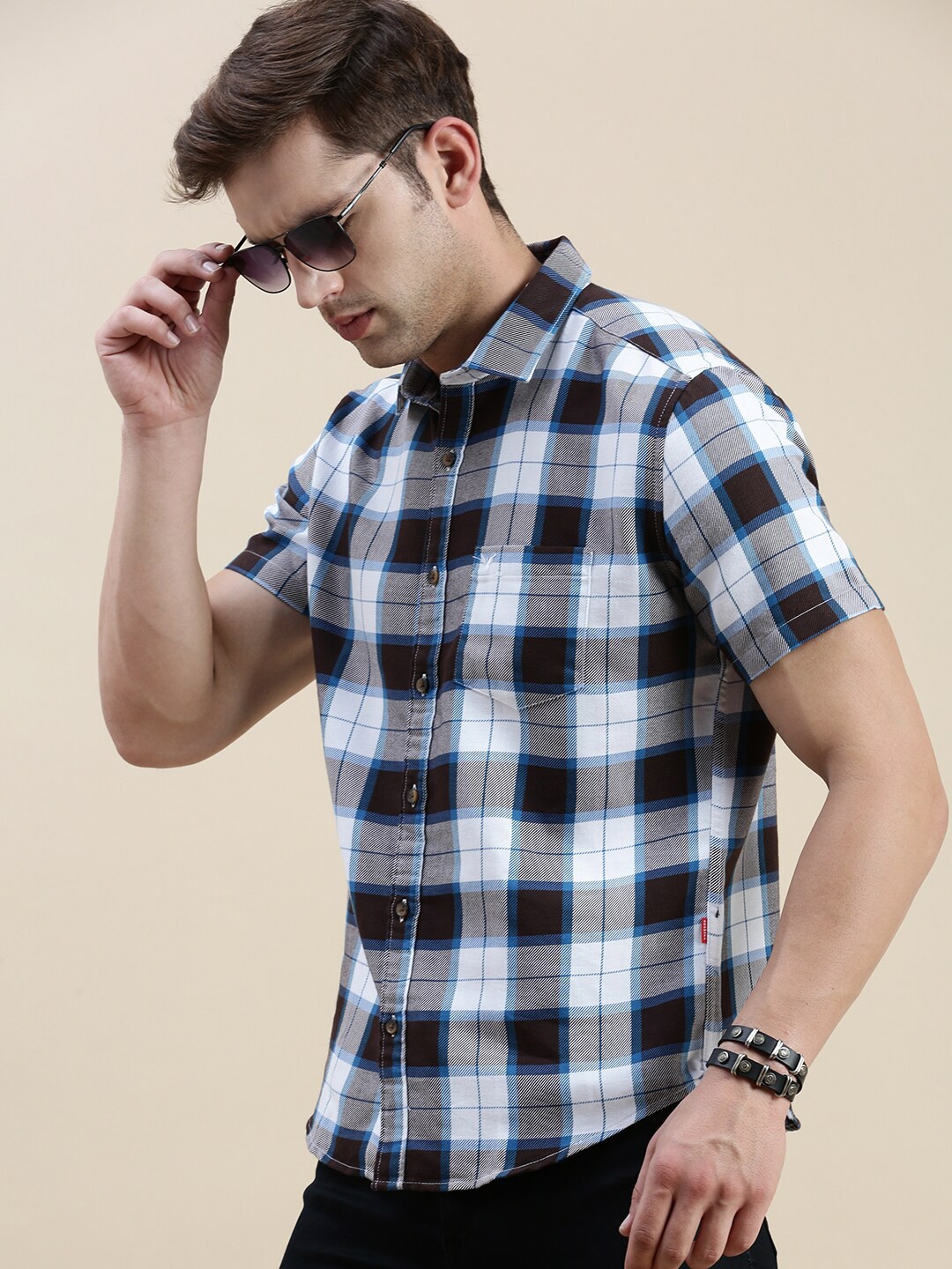 

SHOWOFF Standard Slim Fit Checked Spread Collar Cotton Casual Shirt, White