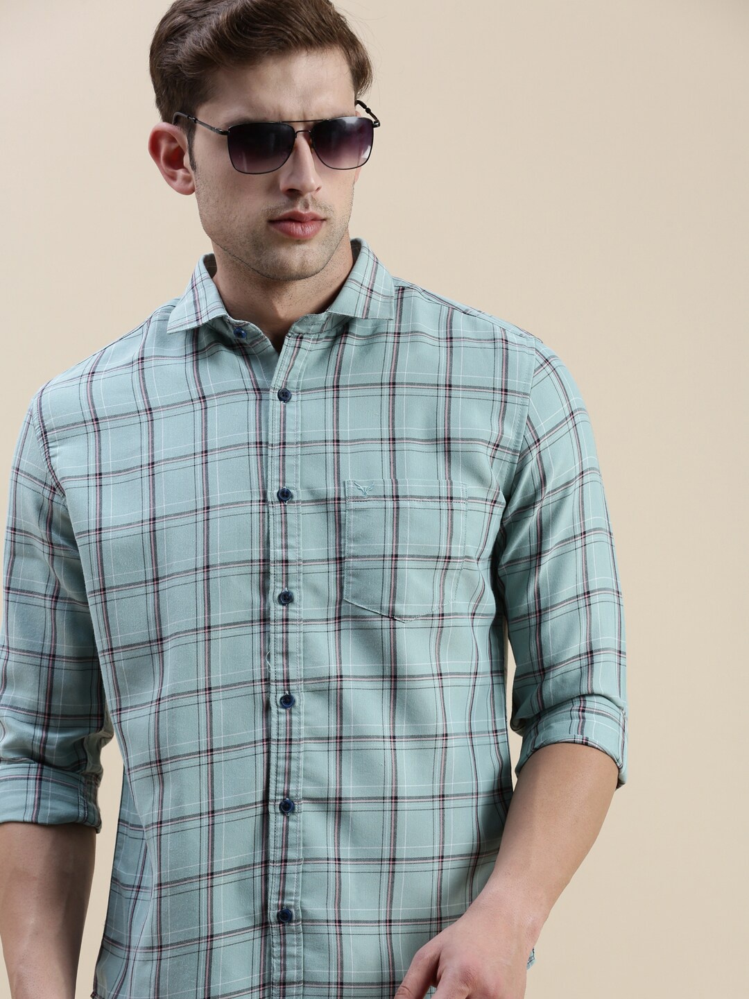 

SHOWOFF Standard Slim Fit Tartan Checks Checked Cotton Casual Shirt, Sea green