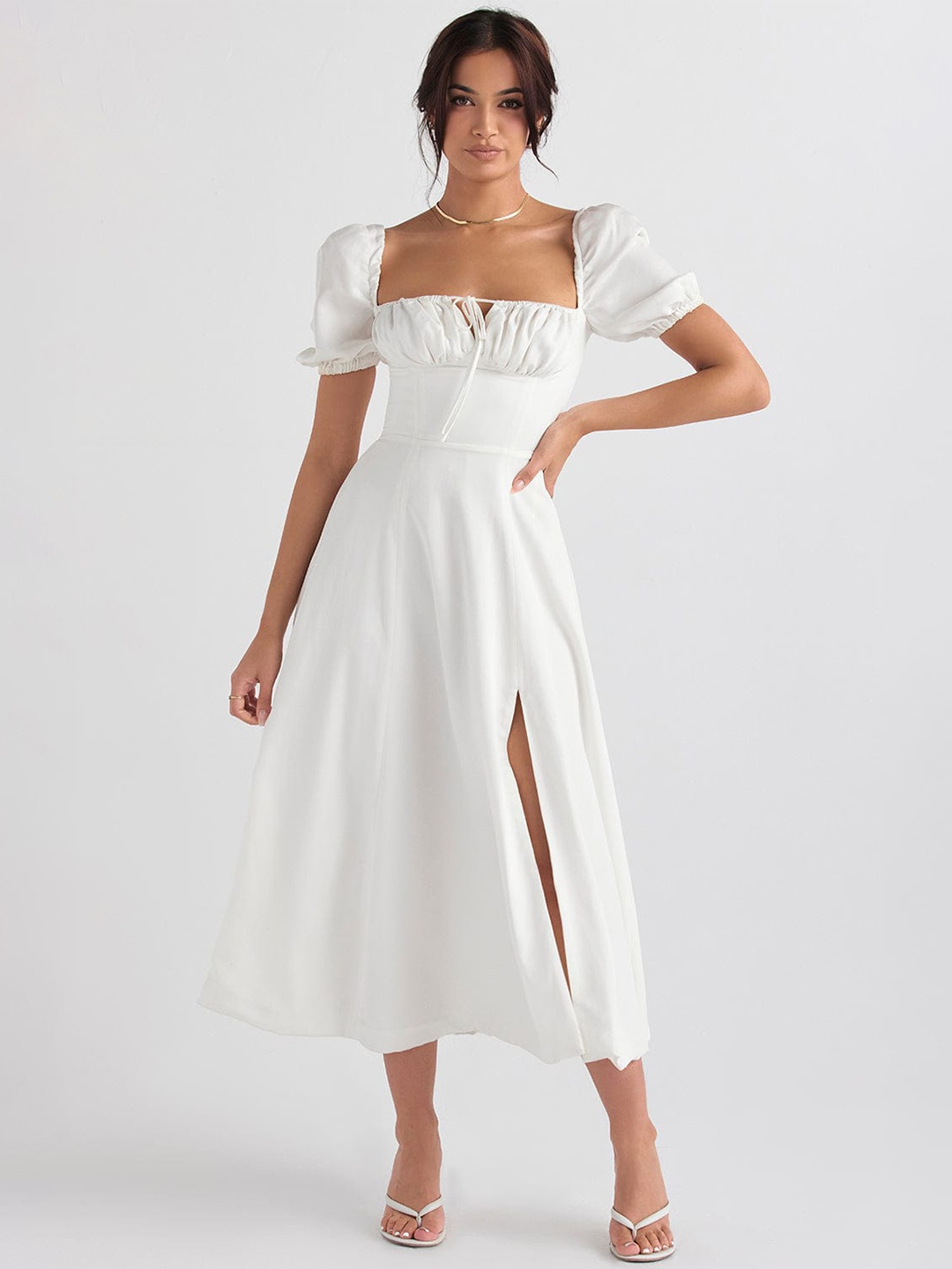 

Outcast Square Neck Puff Sleeves Midi Fit & Flare Dress, White