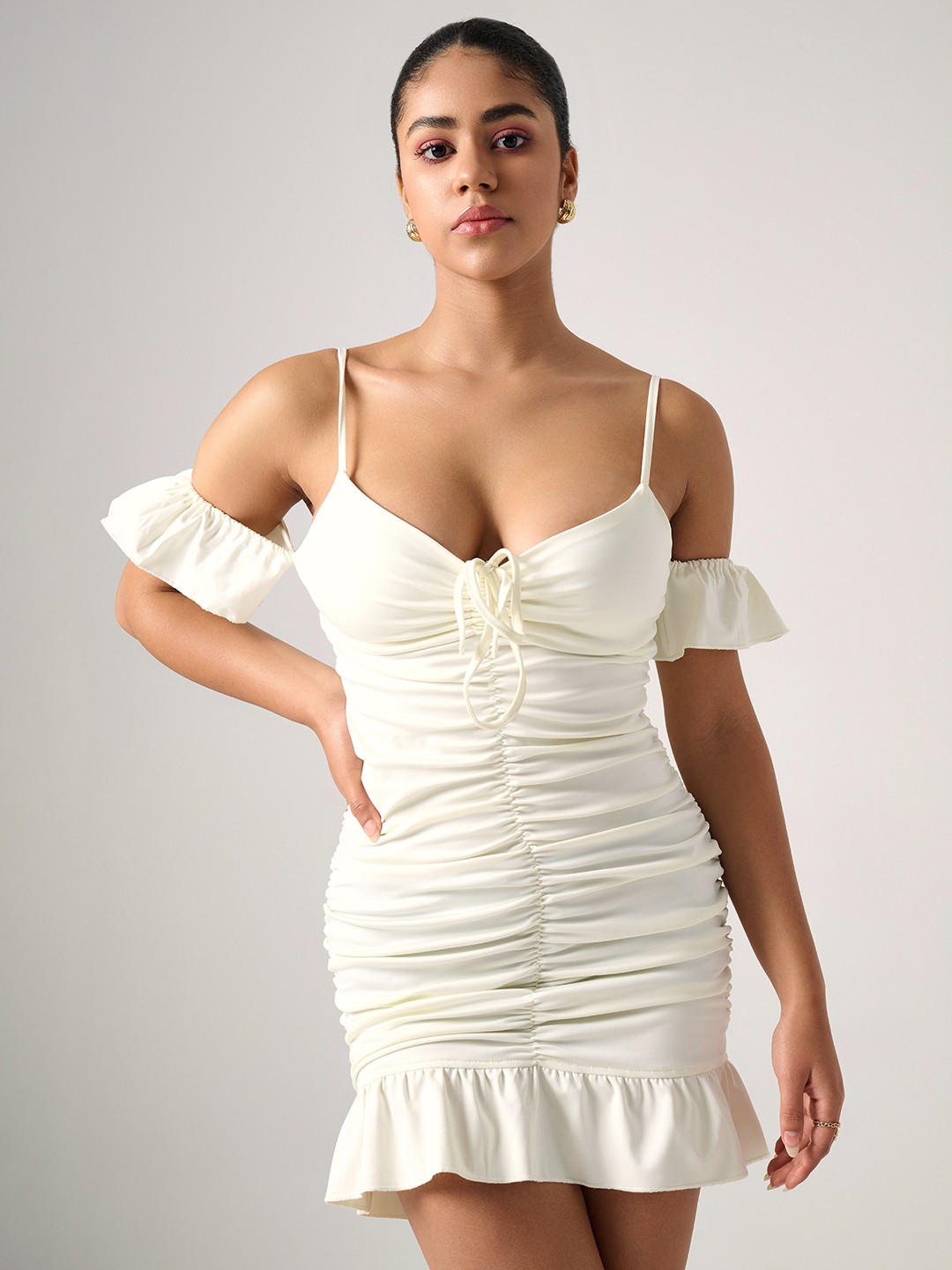 

Outcast Shoulder Straps Ruffles Ruched Bodycon Mini Dress, White