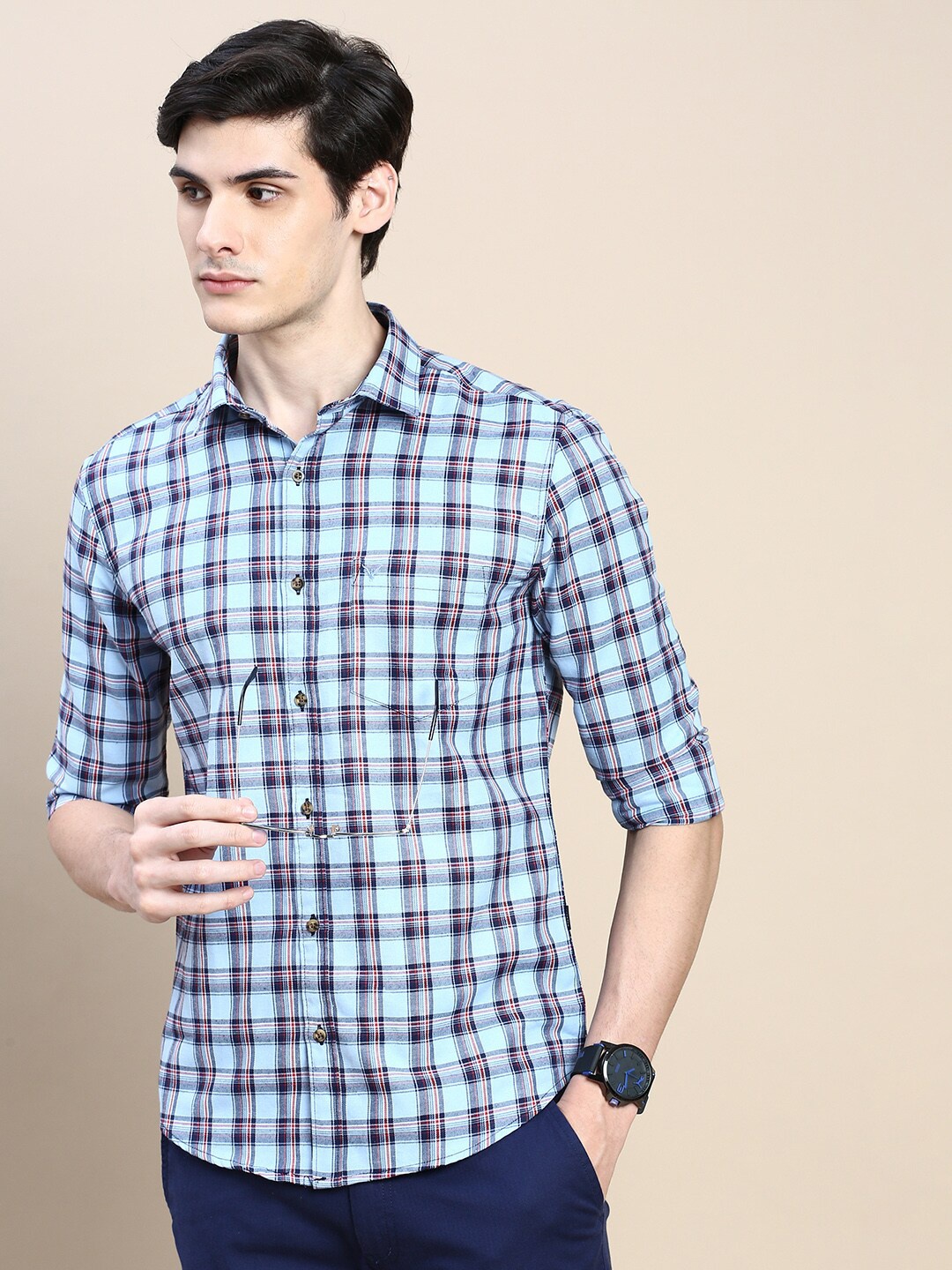 

SHOWOFF Standard Slim Fit Checked Spread Collar Cotton Casual Shirt, Blue