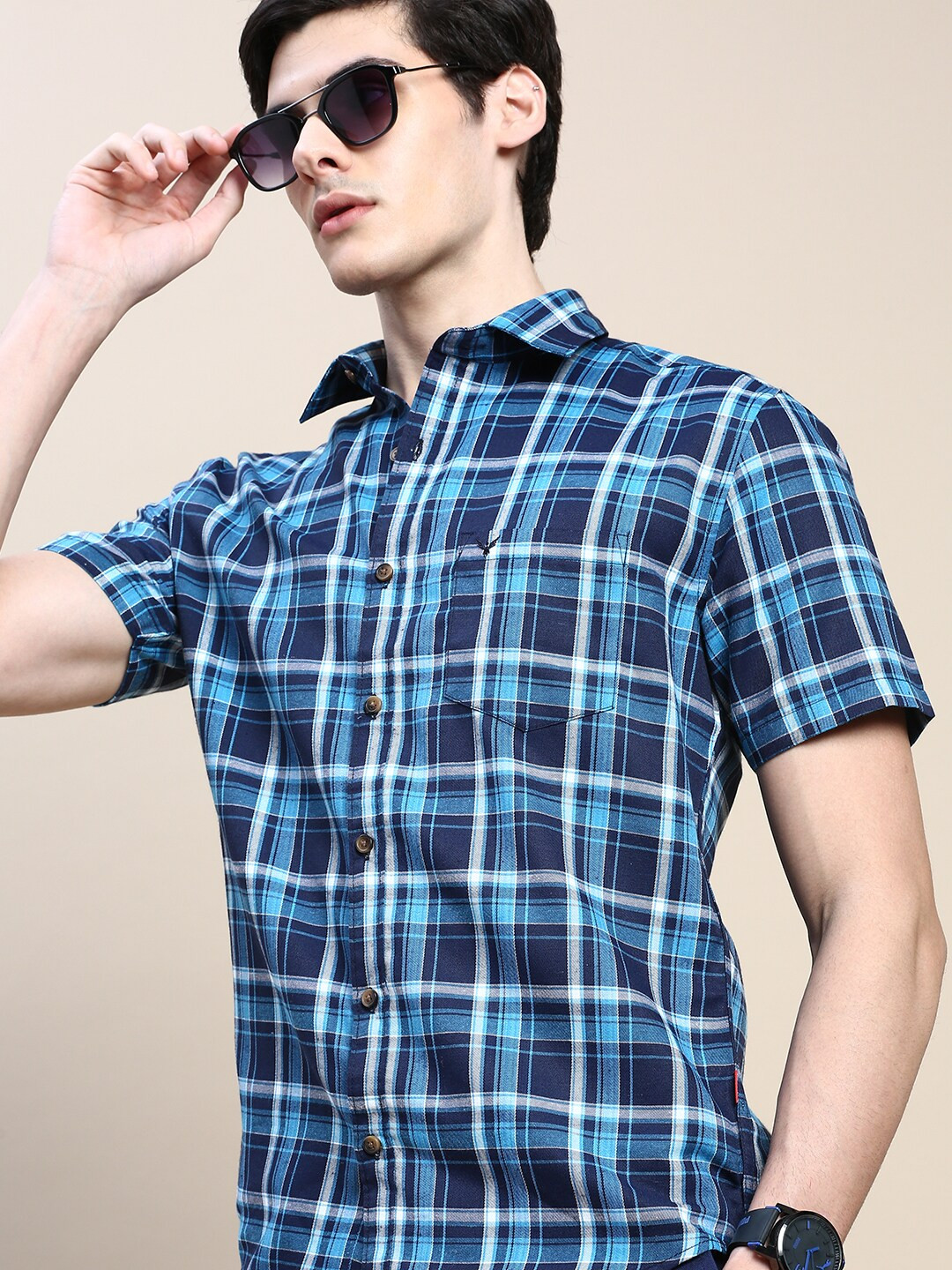 

SHOWOFF Standard Slim Fit Tartan Checks Cotton Casual Shirt, Navy blue