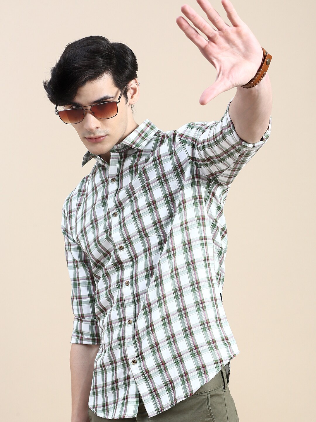 

SHOWOFF Standard Other Checks Opaque Casual Shirt, White