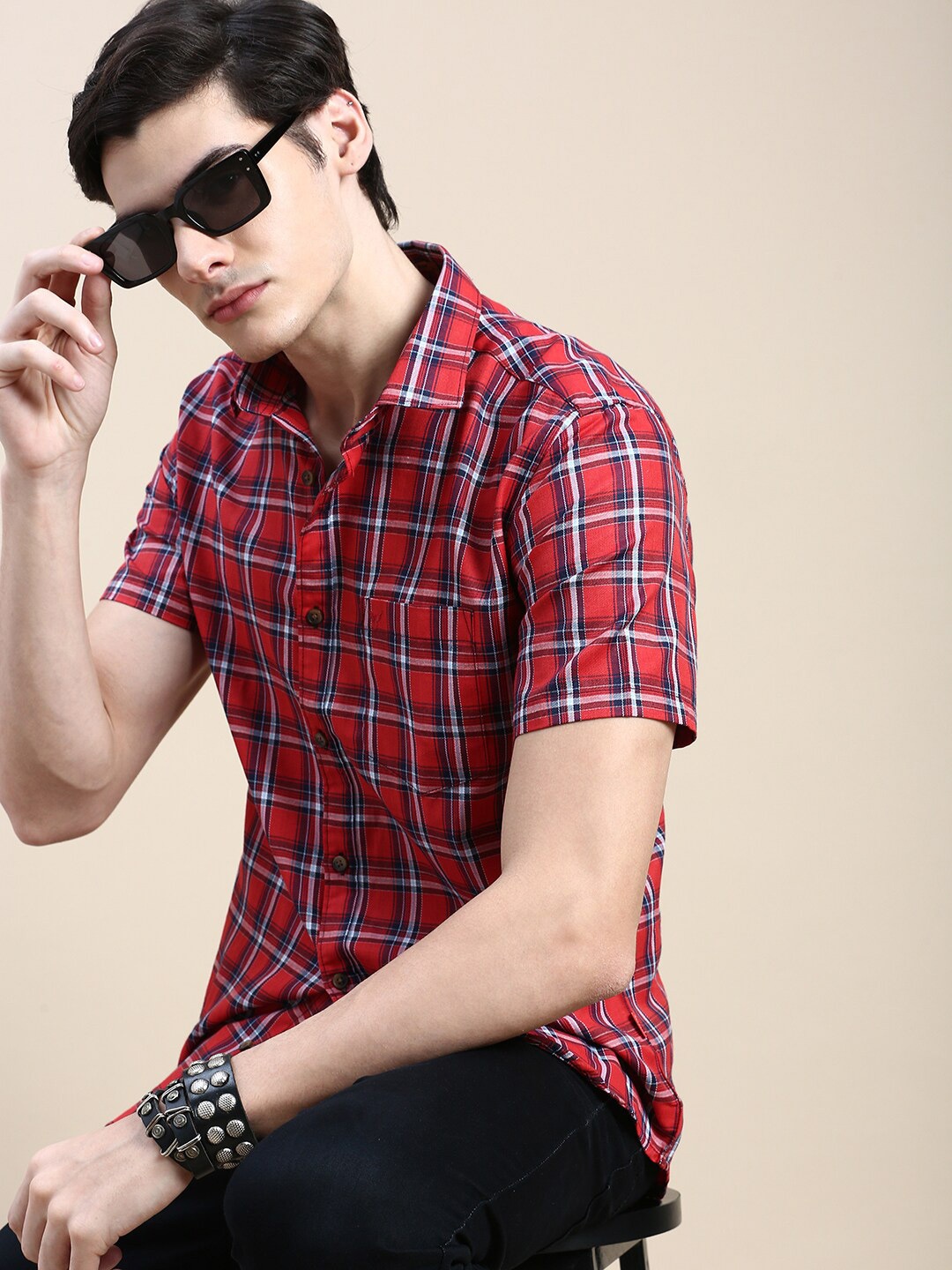 

SHOWOFF Standard Slim Fit Tartan Checked Cotton Casual Shirt, Red