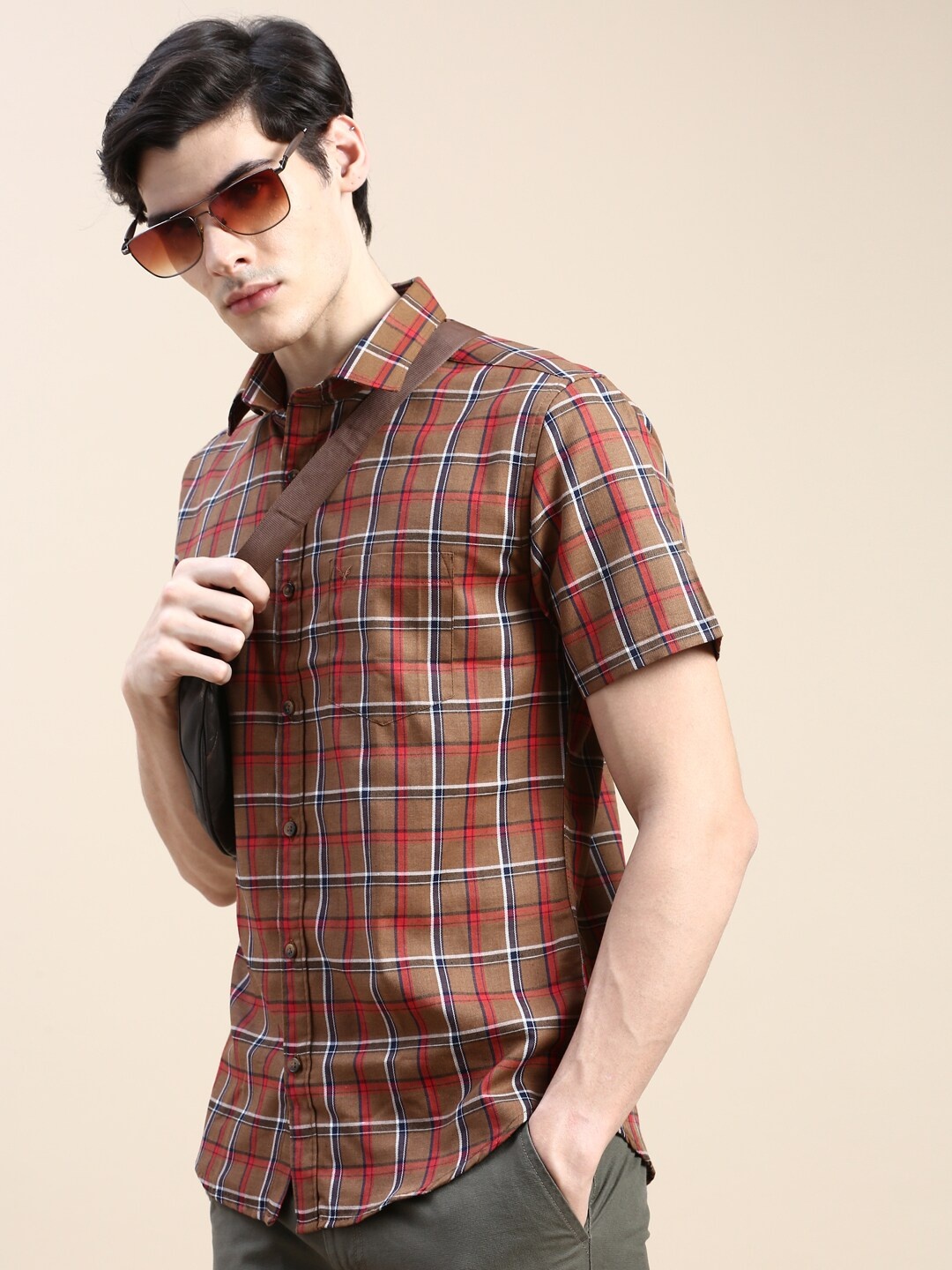 

SHOWOFF Standard Slim Fit Tartan Checks Opaque Cotton Casual Shirt, Brown
