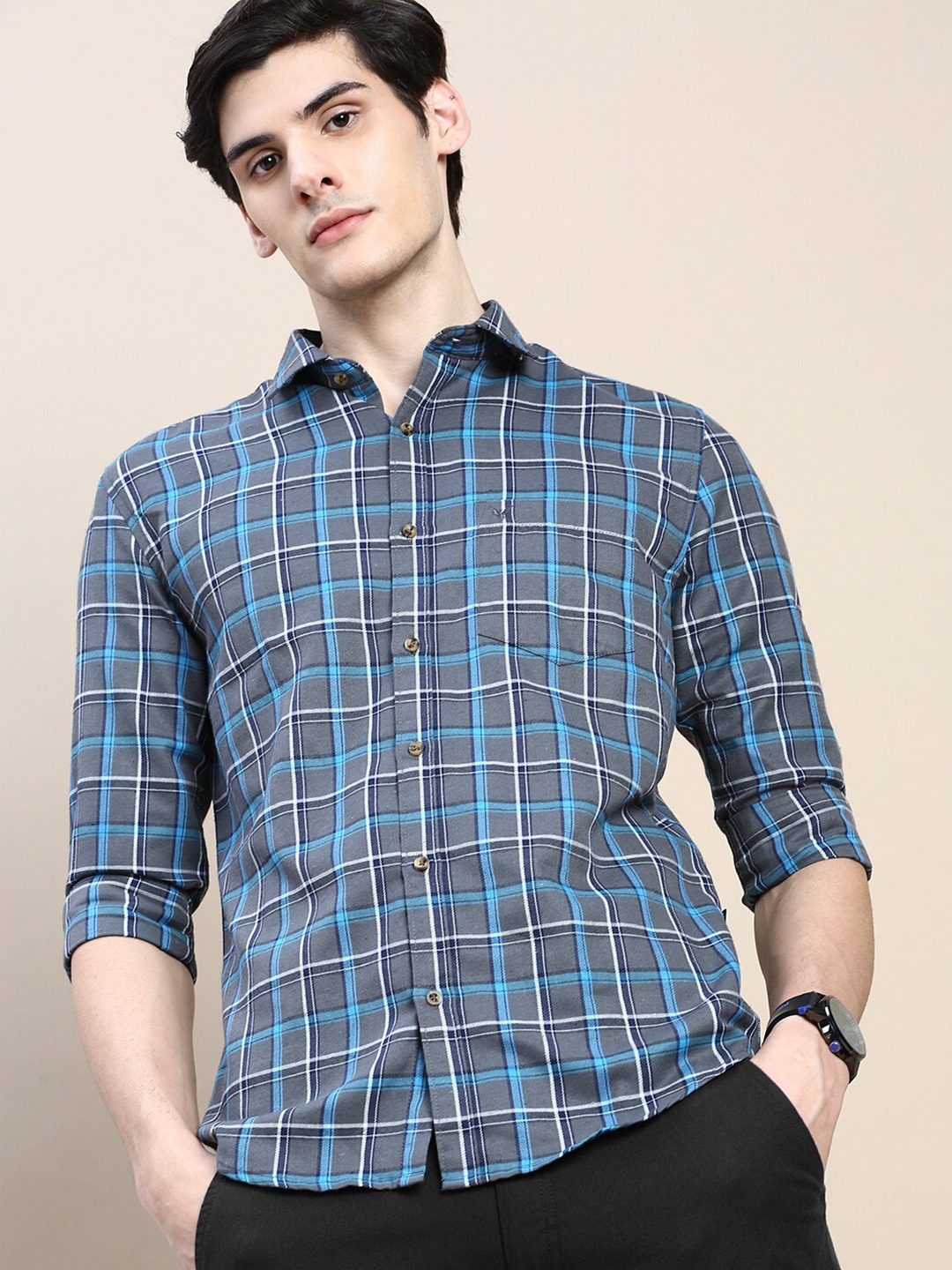 

SHOWOFF Standard Slim Fit Tartan Checked Cotton Casual Shirt, Grey