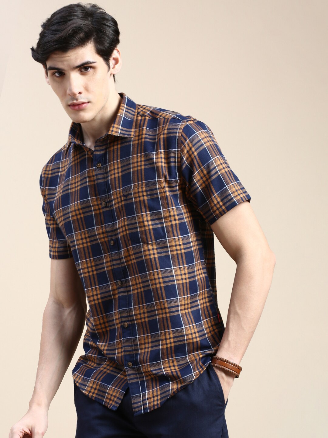 

SHOWOFF Standard Tartan Checks Opaque Cotton Casual Shirt, Navy blue