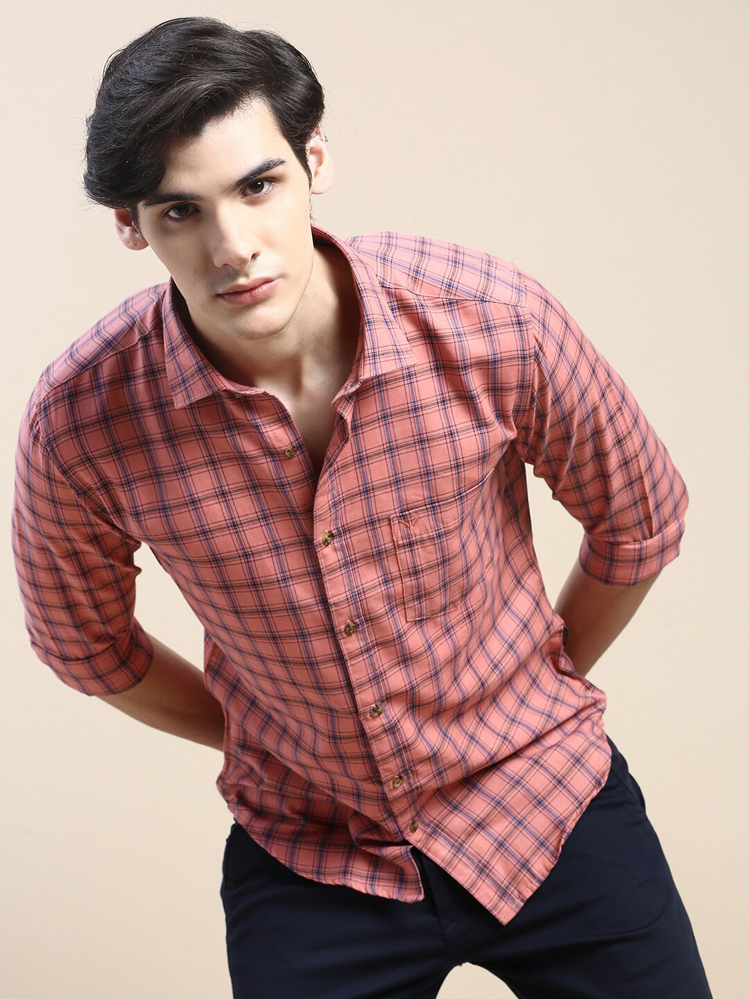 

SHOWOFF Standard Spread Collar Slim Fit Opaque Checked Cotton Casual Shirt, Coral