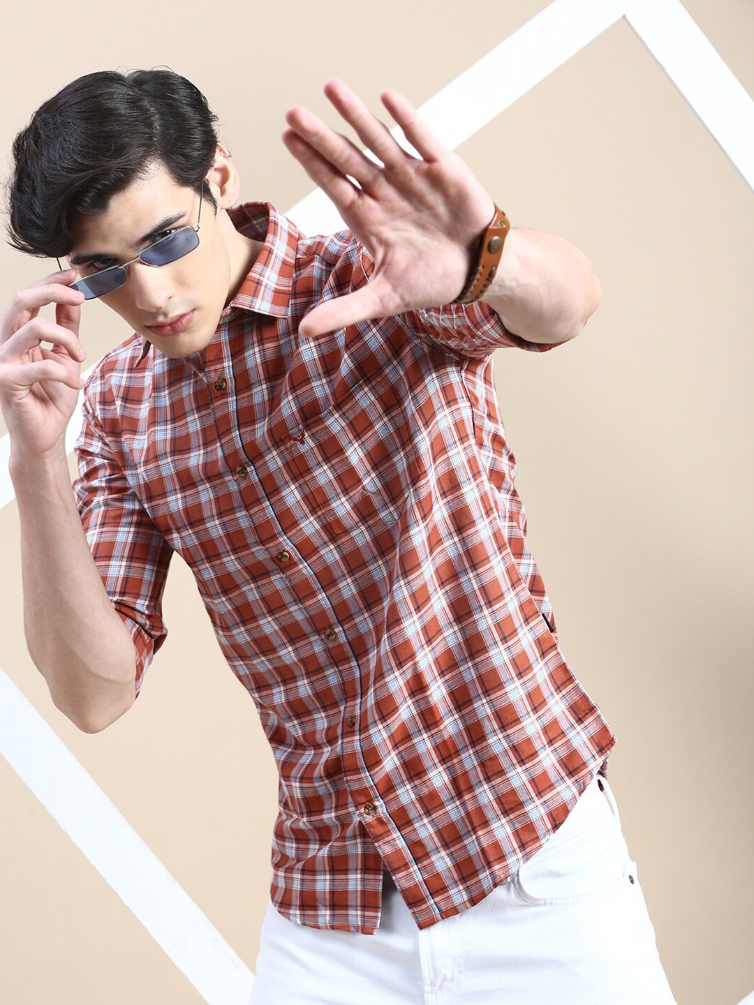 

SHOWOFF Standard Slim Fit Checked Spread Collar Cotton Casual Shirt, Rust