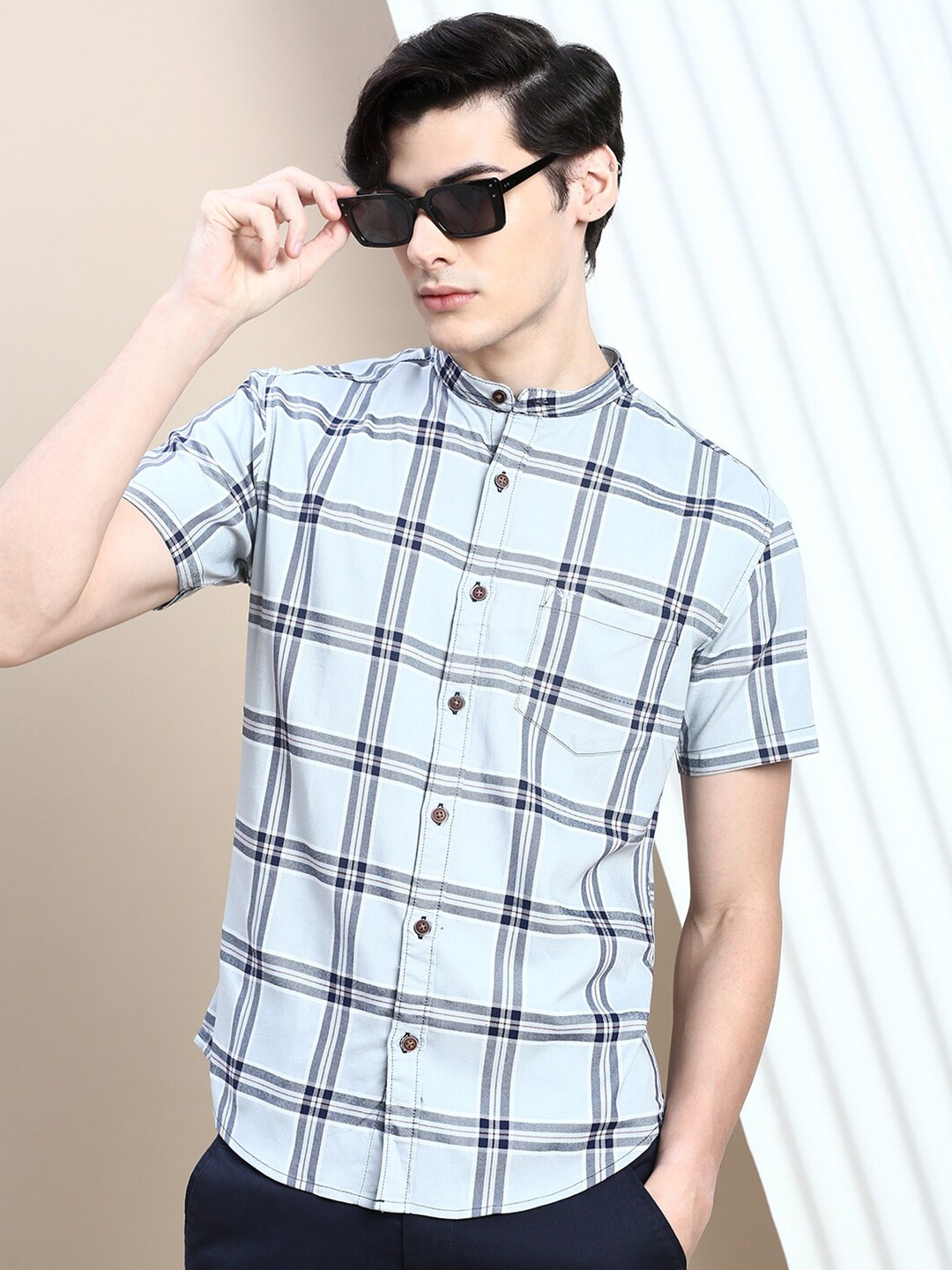 

SHOWOFF Standard Slim Fit Checked Mandarin Collar Cotton Casual Shirt, Grey