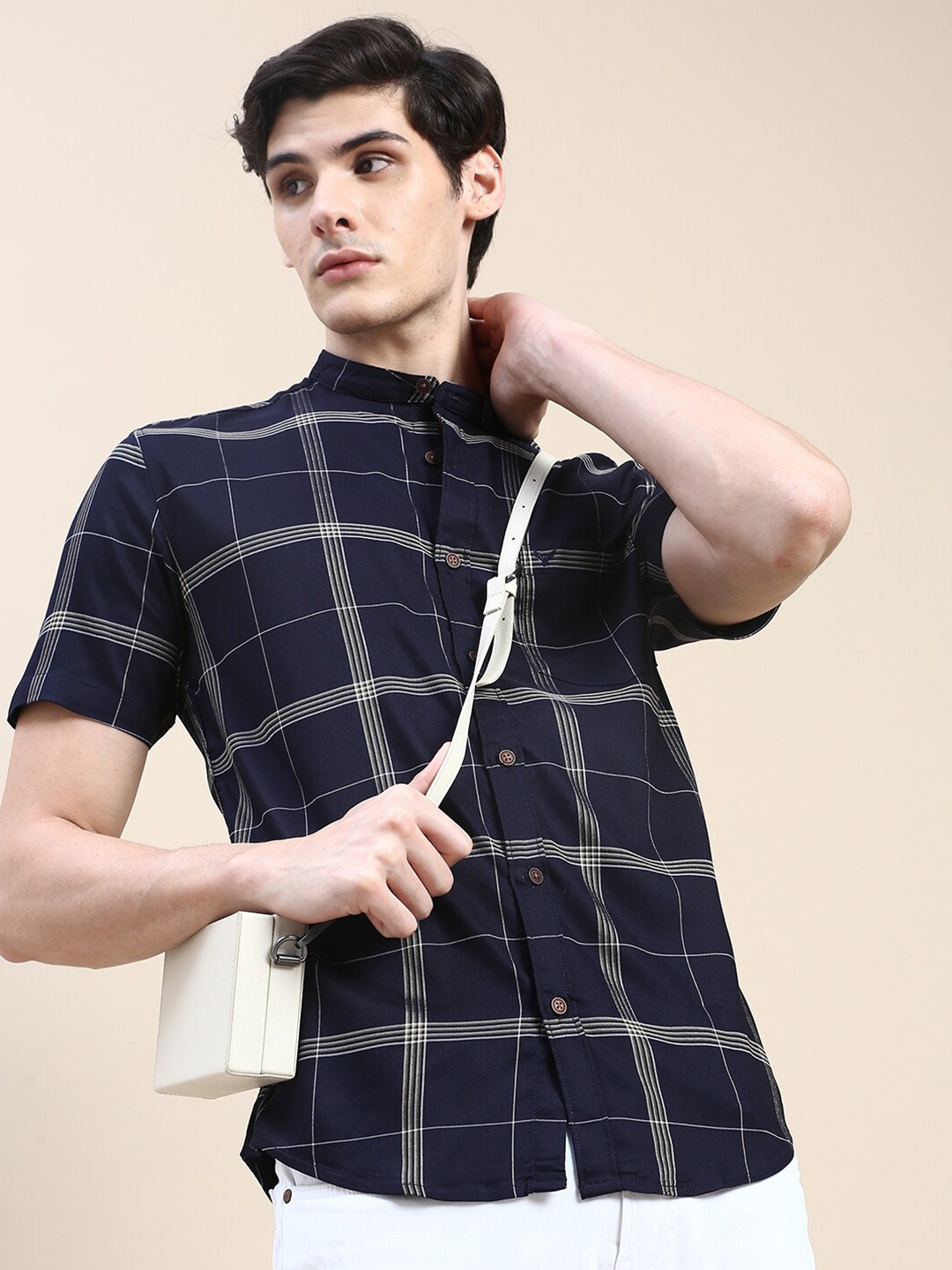 

SHOWOFF Standard Slim Fit Windowpane Checks Cotton Casual Shirt, Navy blue