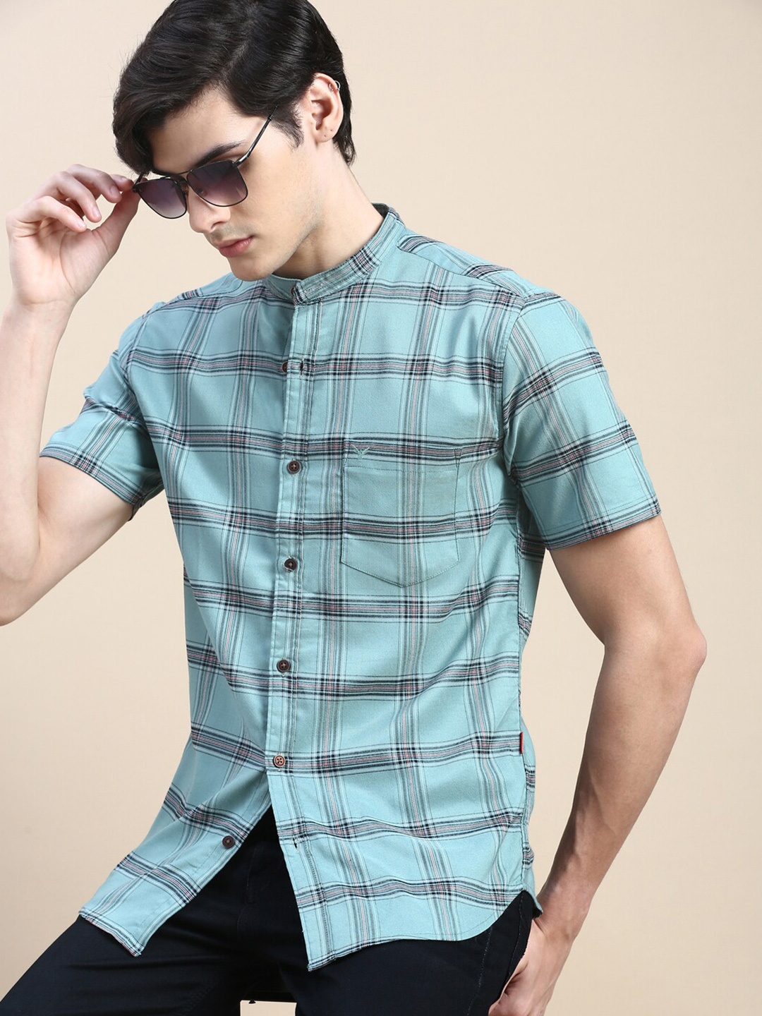 

SHOWOFF Standard Slim Fit Tartan Checks Mandarin Collar Cotton Casual Shirt, Sea green