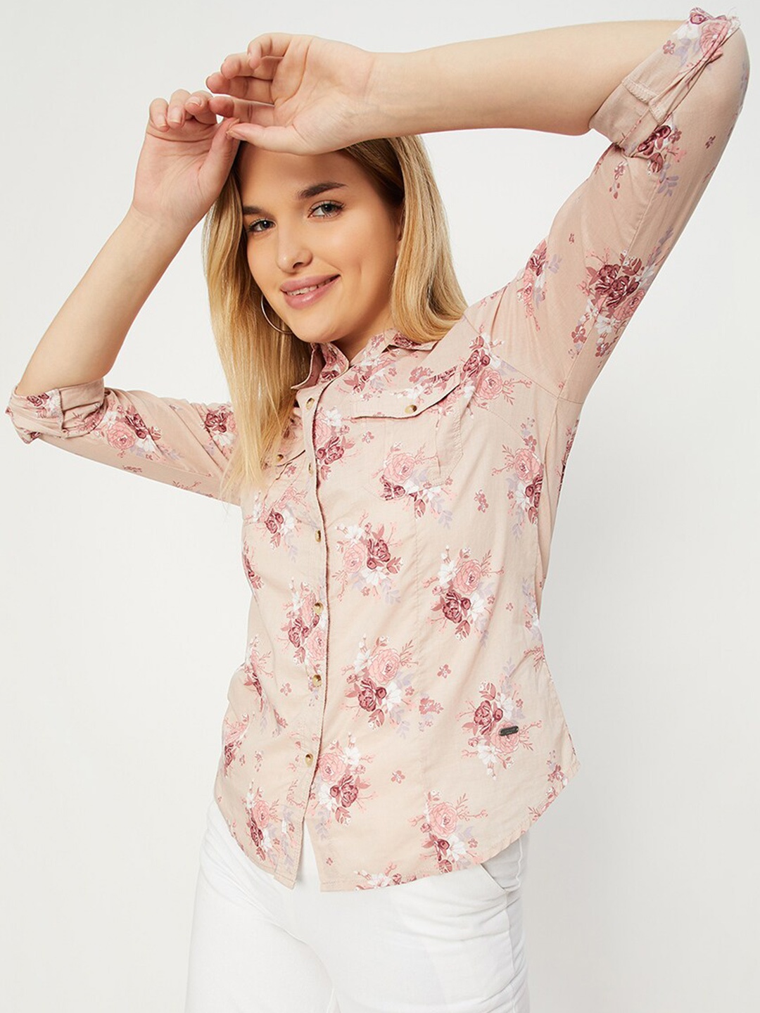 

max Floral Printed Roll-Up Sleeves Pure Cotton Casual Shirt, Beige