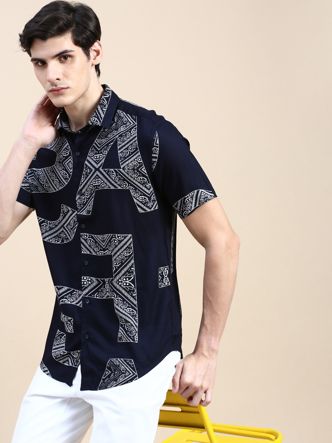 

SHOWOFF Typography Printed Standard Slim Fit Opaque Cotton Casual Shirt, Navy blue