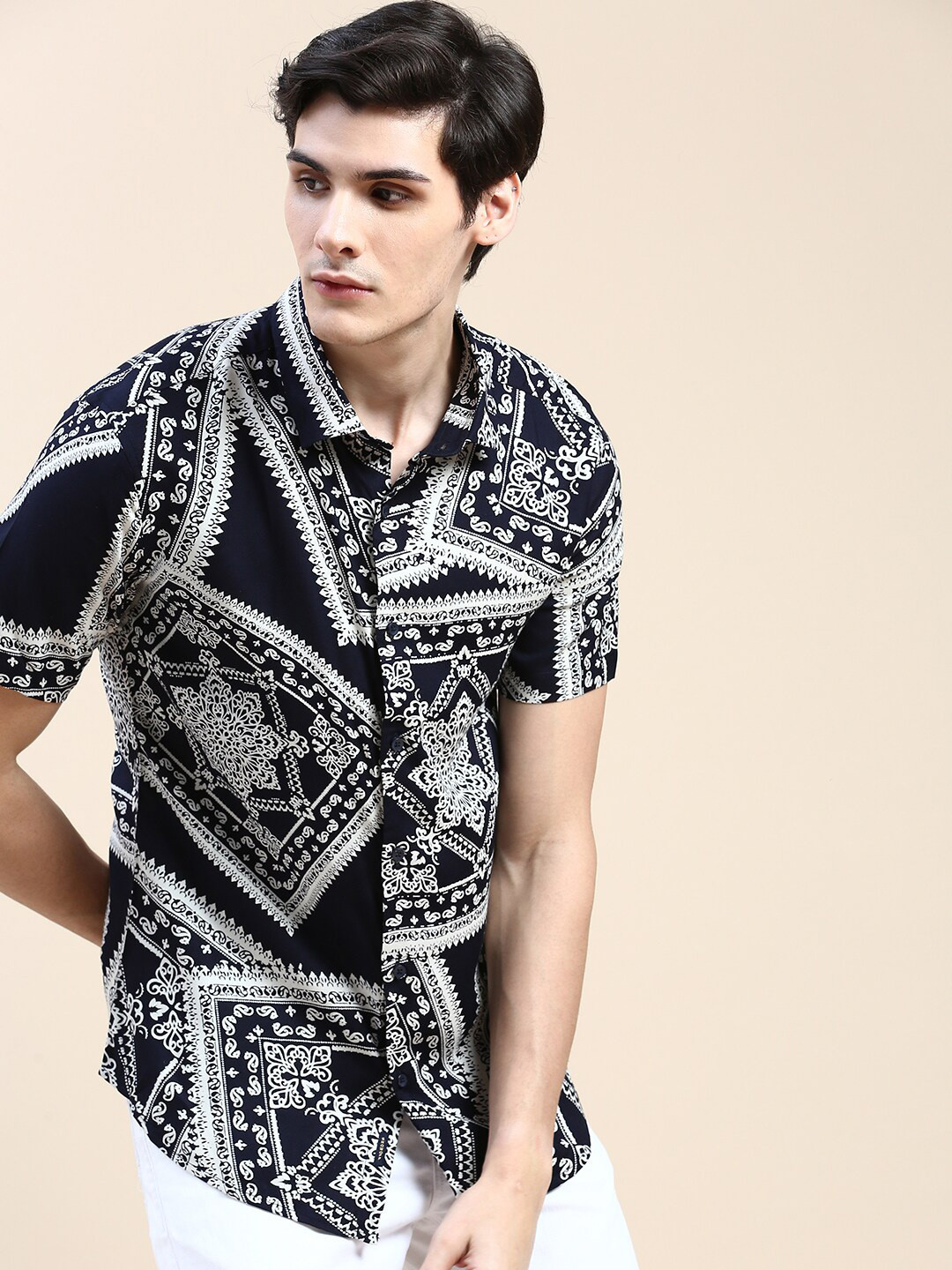 

SHOWOFF Ethnic Motifs Printed Standard Slim Fit Opaque Cotton Casual Shirt, Navy blue