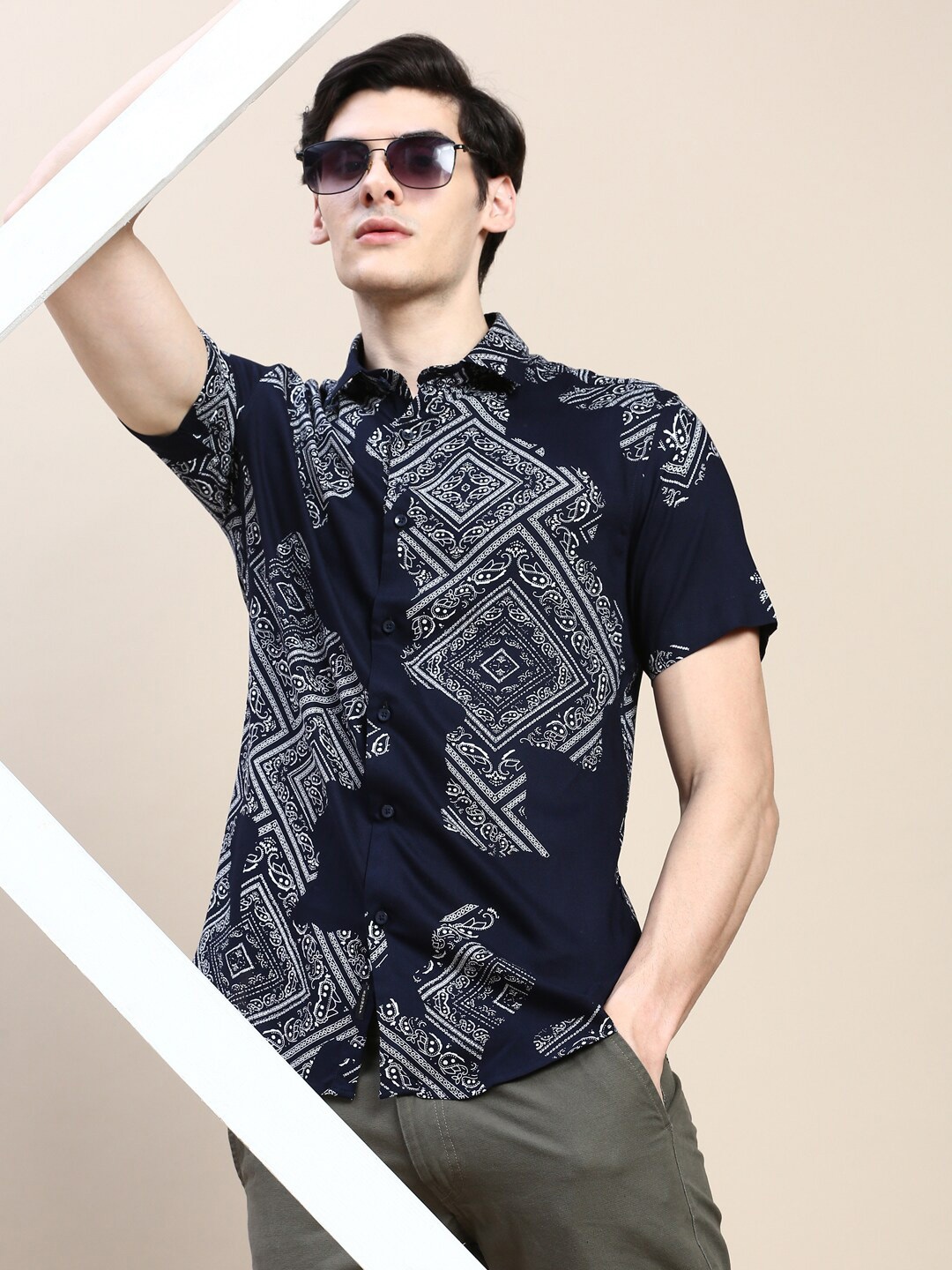 

SHOWOFF Ethnic Motifs Printed Standard Slim Fit Opaque Cotton Casual Shirt, Navy blue
