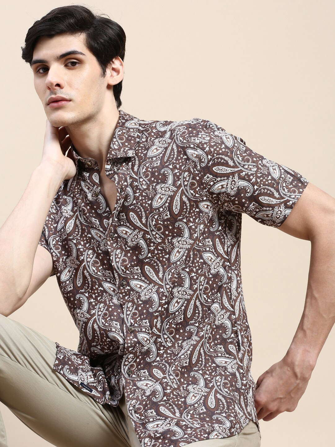 

SHOWOFF Standard Floral Printed Opaque Cotton Casual Shirt, Coffee brown