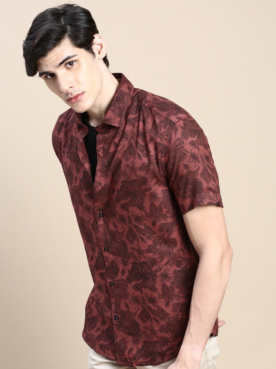 

SHOWOFF Standard Slim Fit Floral Opaque Printed Cotton Casual Shirt, Rust