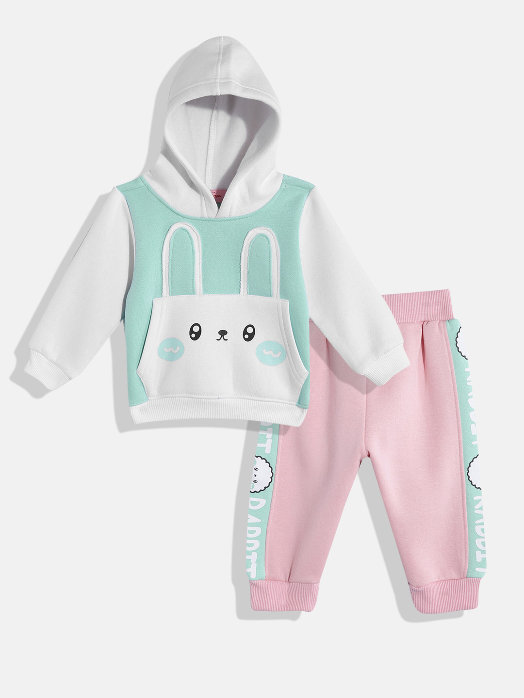 

White Snow Kids Cat Face Printed Hooded Sweatshirt with Joggers, Green