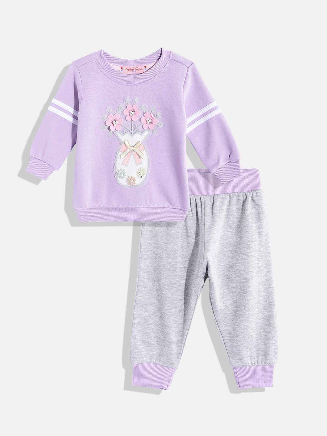 

White Snow Girls Stone Embellished & Floral Embroidered Sweatshirt with Joggers, Purple