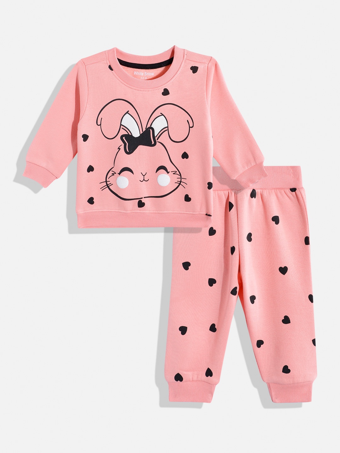 

White Snow Girls Graphic Printed Sweatshirt with Joggers, Pink