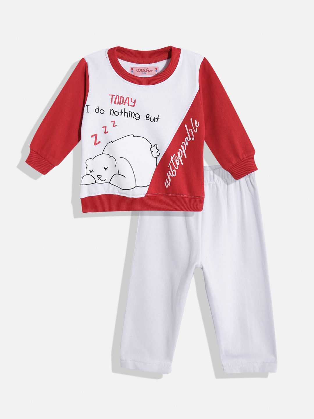 

White Snow Kids Conversational Printed Sweatshirt with Pyjamas, Red