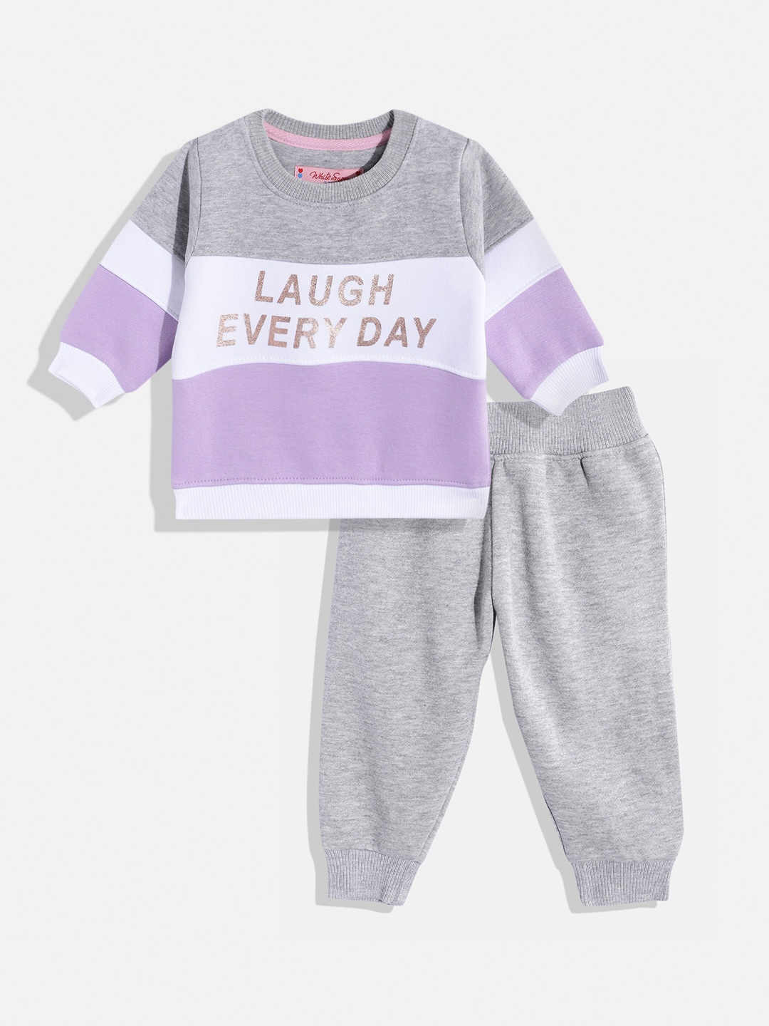 

White Snow Girls Striped Typography Printed Sweatshirt with Joggers, Purple