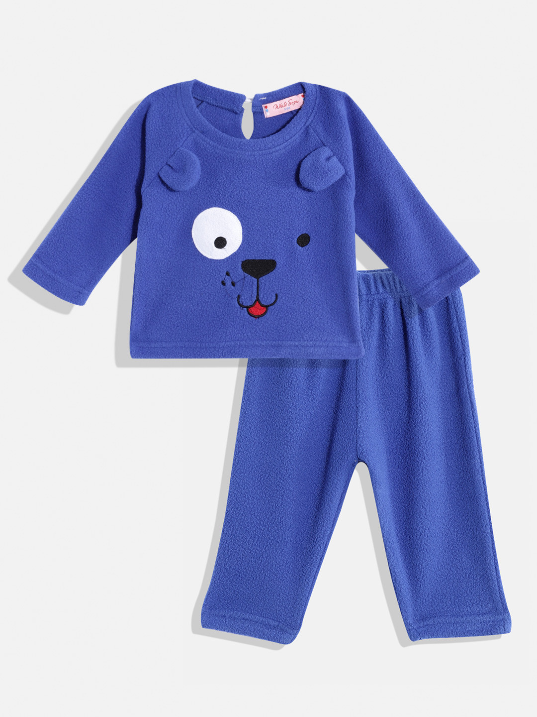 

White Snow Kids Cat Face Embroidered Hooded Fleece Sweatshirt with Pyjamas, Blue