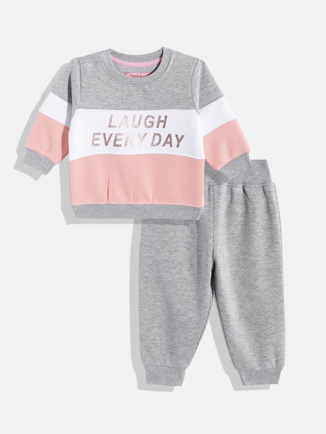 

White Snow Girls Typography Printed Sweatshirt with Joggers, Peach