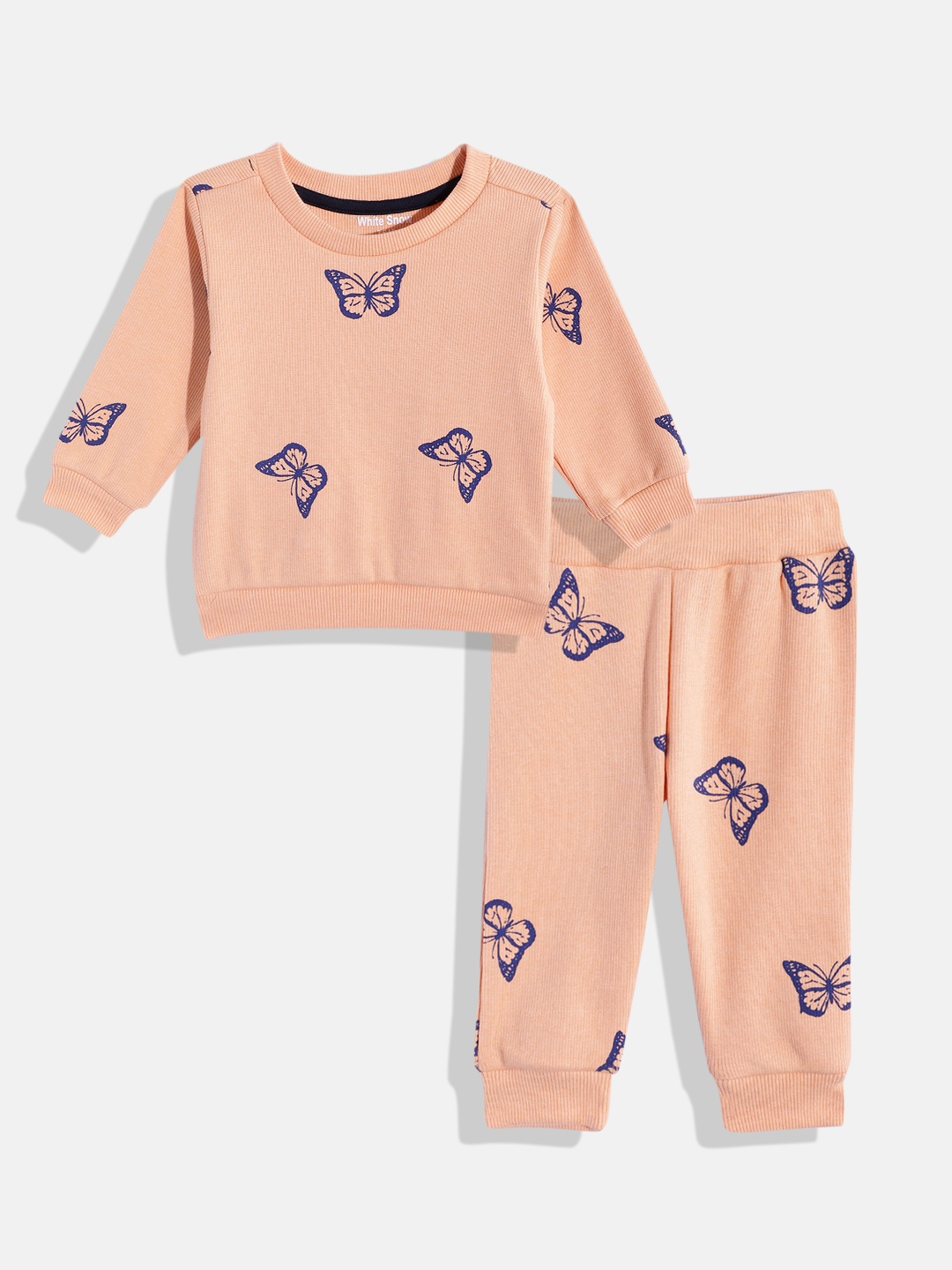 

White Snow Girls Butterfly Printed Sweatshirt with Joggers, Orange