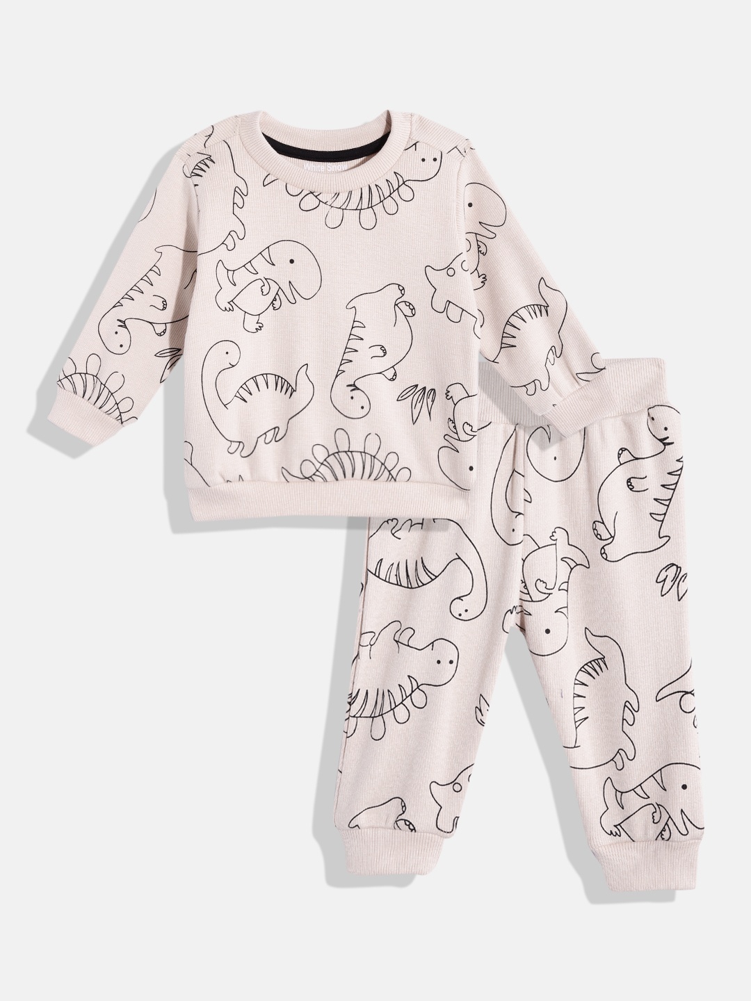 

White Snow Kids Little Dino Printed Sweatshirt with Joggers, Beige