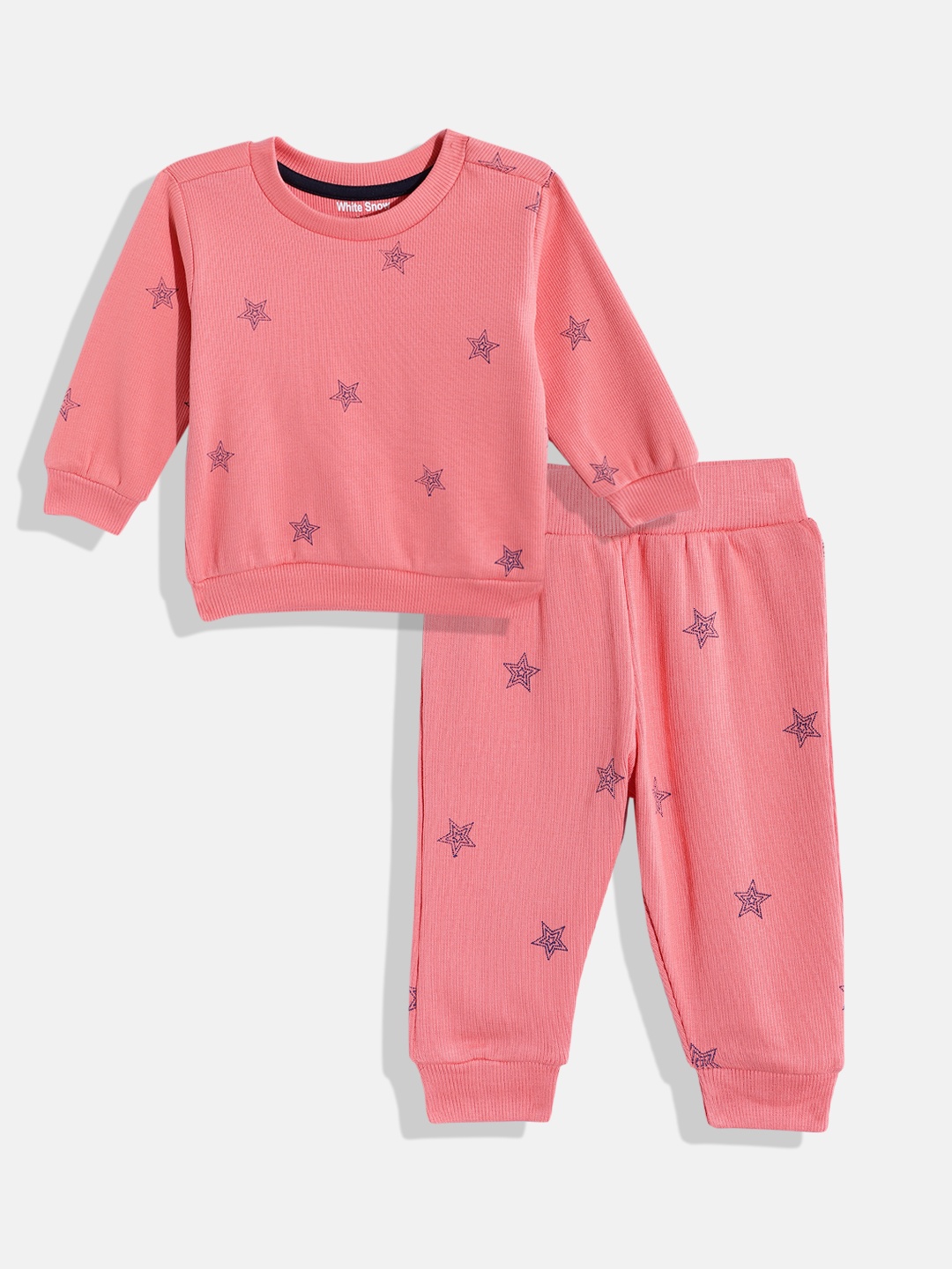 

White Snow Girls Star Printed Sweatshirt with Joggers, Pink