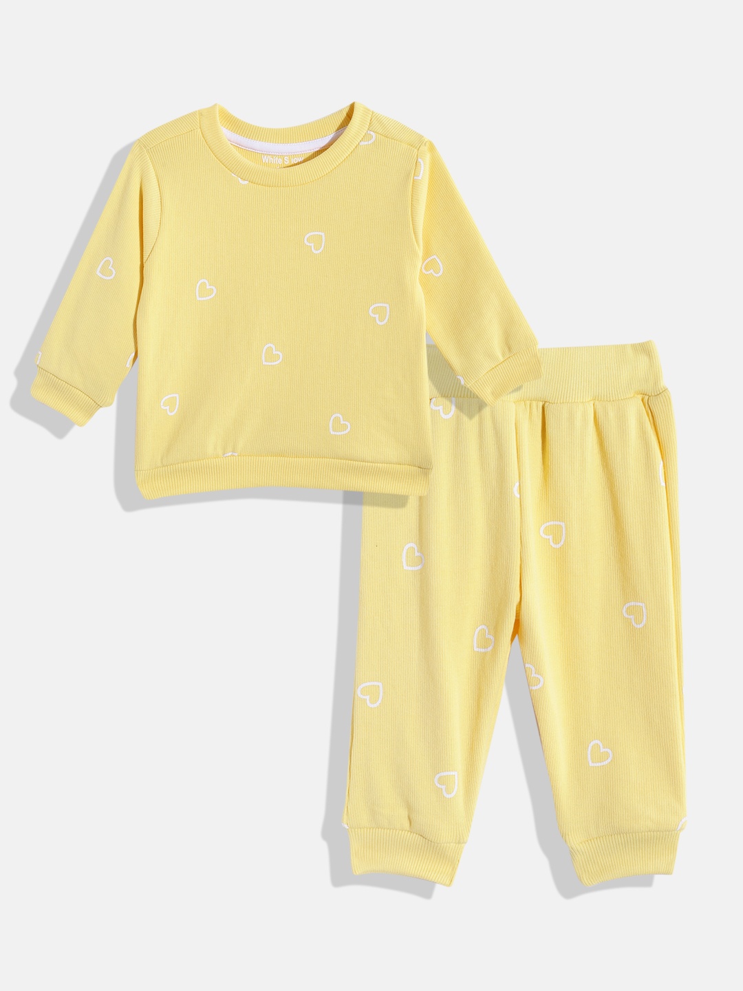 

White Snow Girls Heart Printed Sweatshirt with Joggers, Yellow