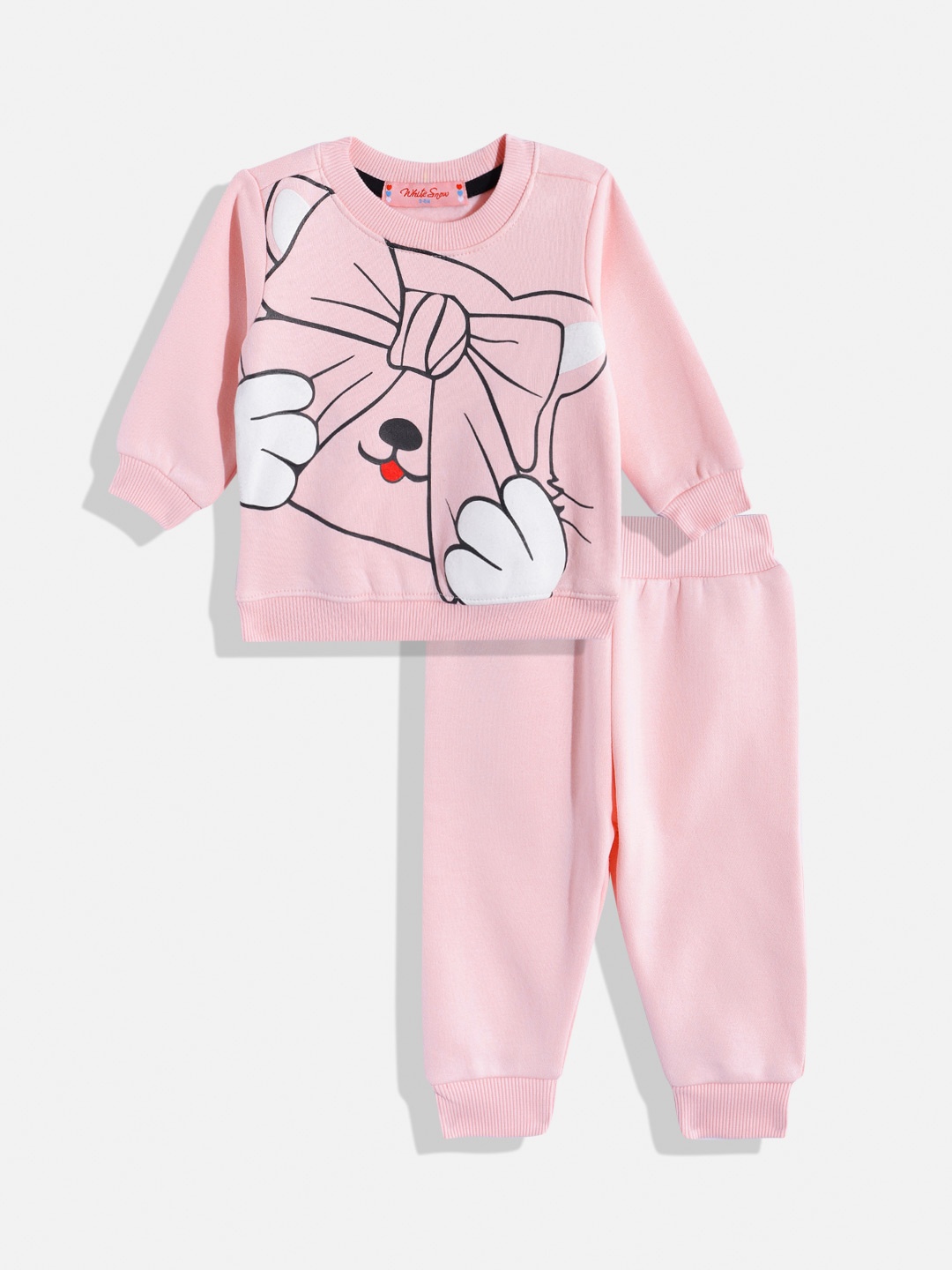 

White Snow Girls Cat Face Printed Sweatshirt with Joggers, Pink