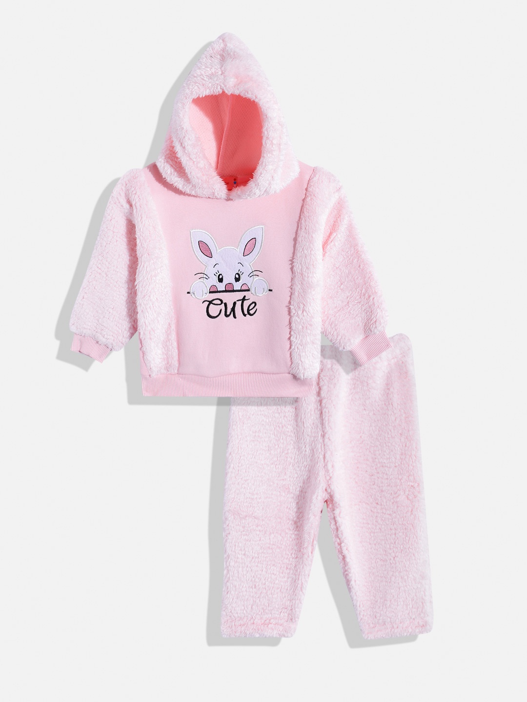 

White Snow Girls Cat Face Applique Hooded Sweatshirt with Pyjamas, Pink