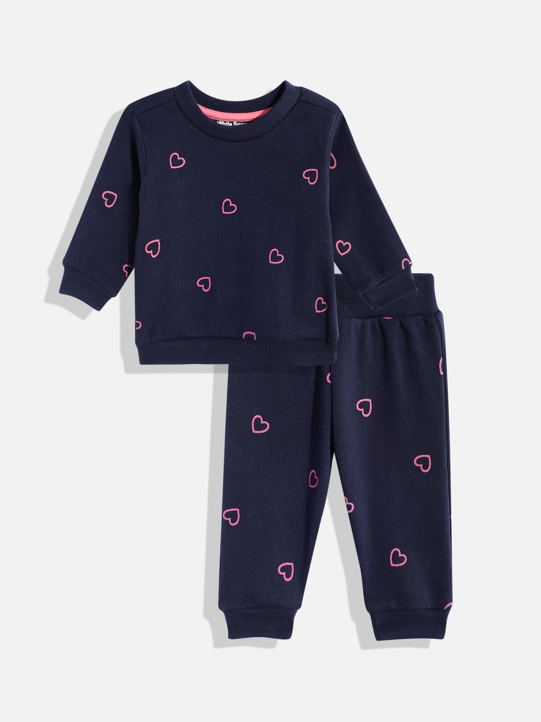 

White Snow Girls Heart Printed Sweatshirt with Joggers, Navy blue