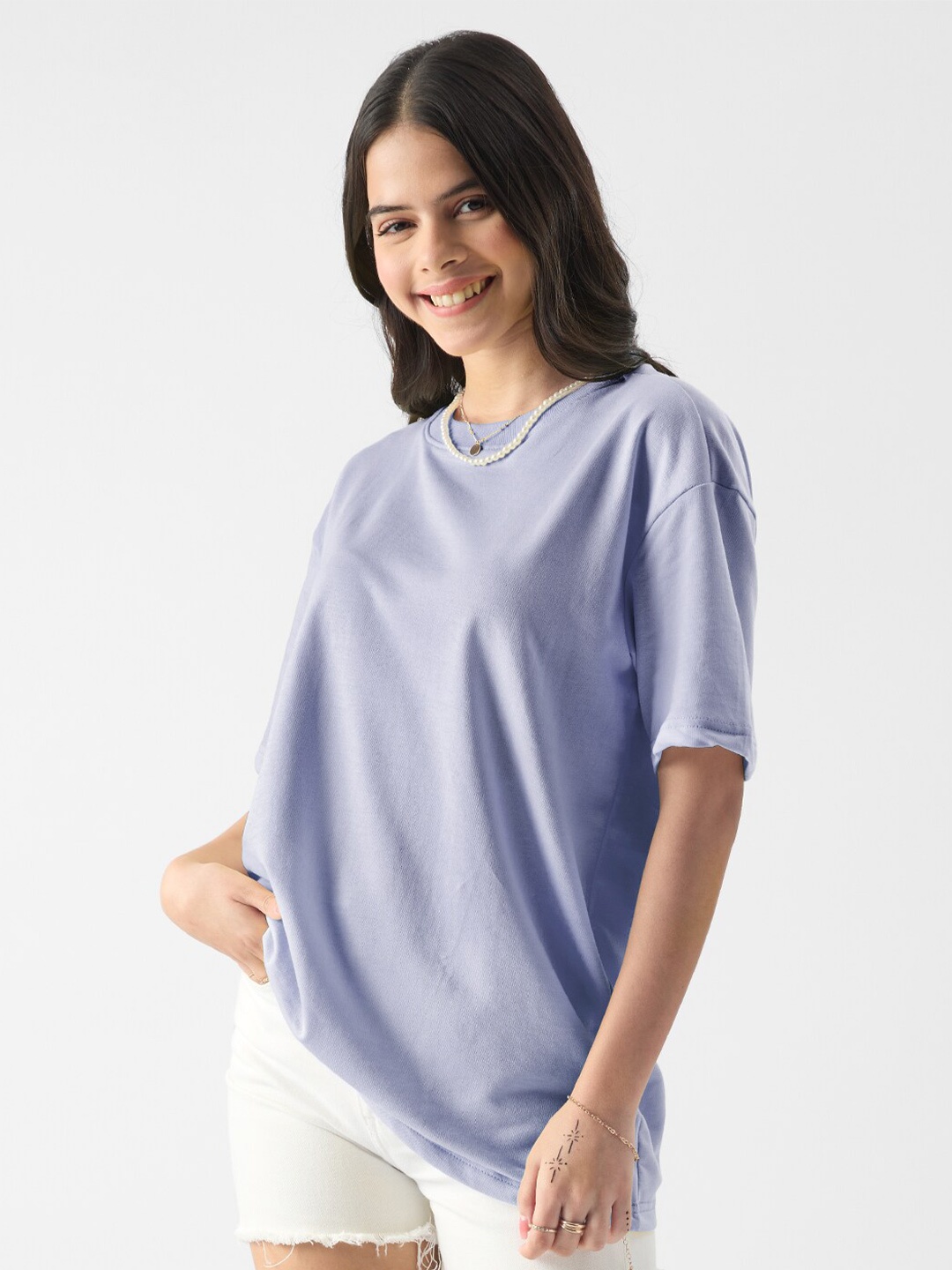 

The Souled Store Lavender Round Neck Drop-Shoulder Sleeves Cotton Oversized T-shirt