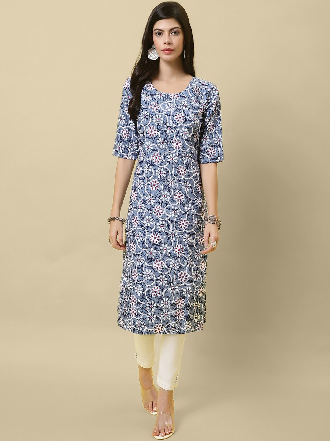 

7Threads Floral Printed Crepe Kurta, Blue